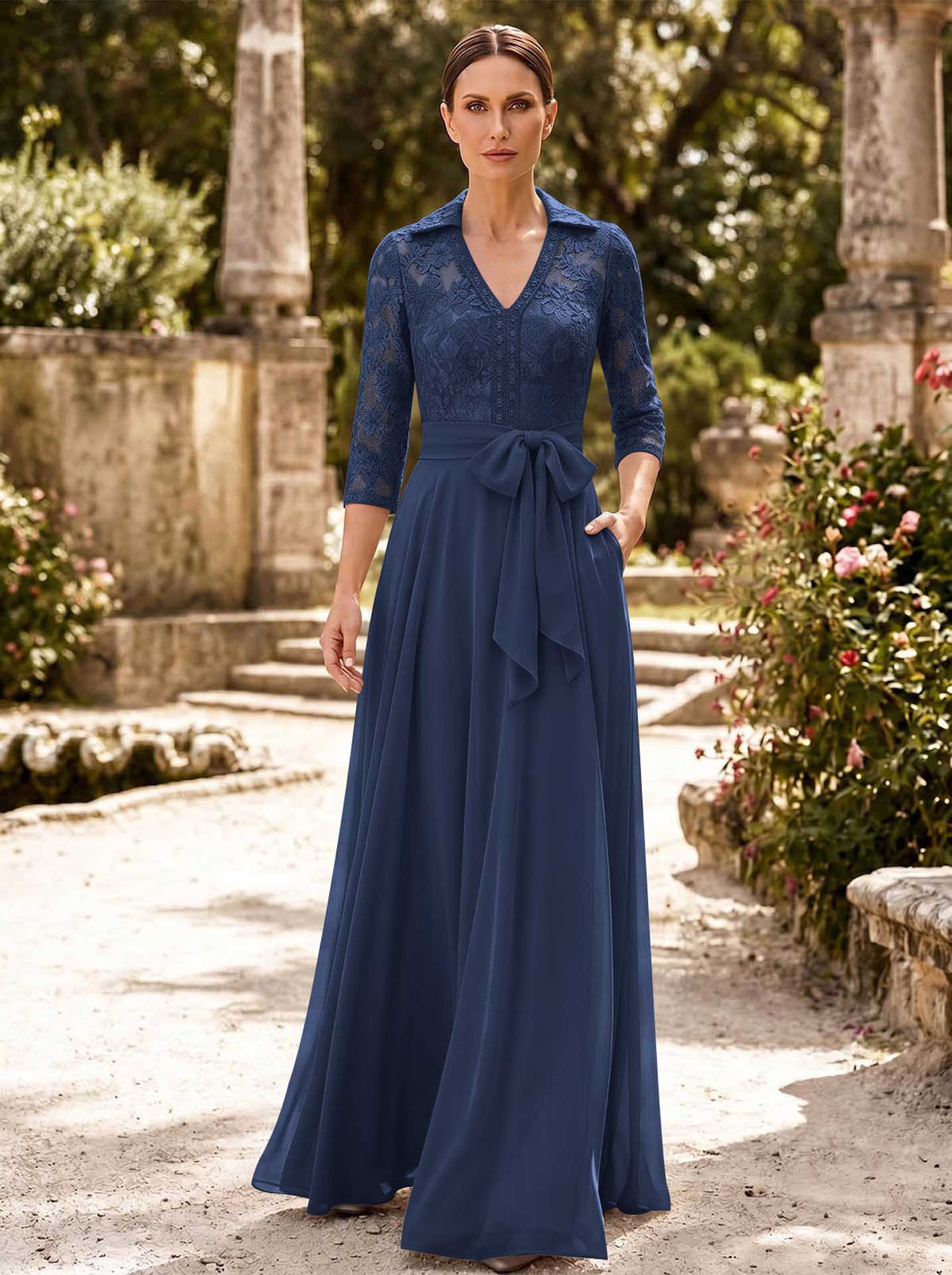 A-Line V-Neck 3/4 Sleeves Floor-Length Chiffon Mother Of The Bride Dresses