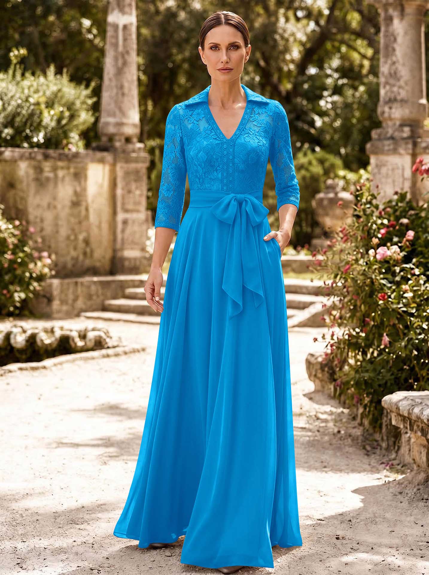 A-Line V-Neck 3/4 Sleeves Floor-Length Chiffon Mother Of The Bride Dresses