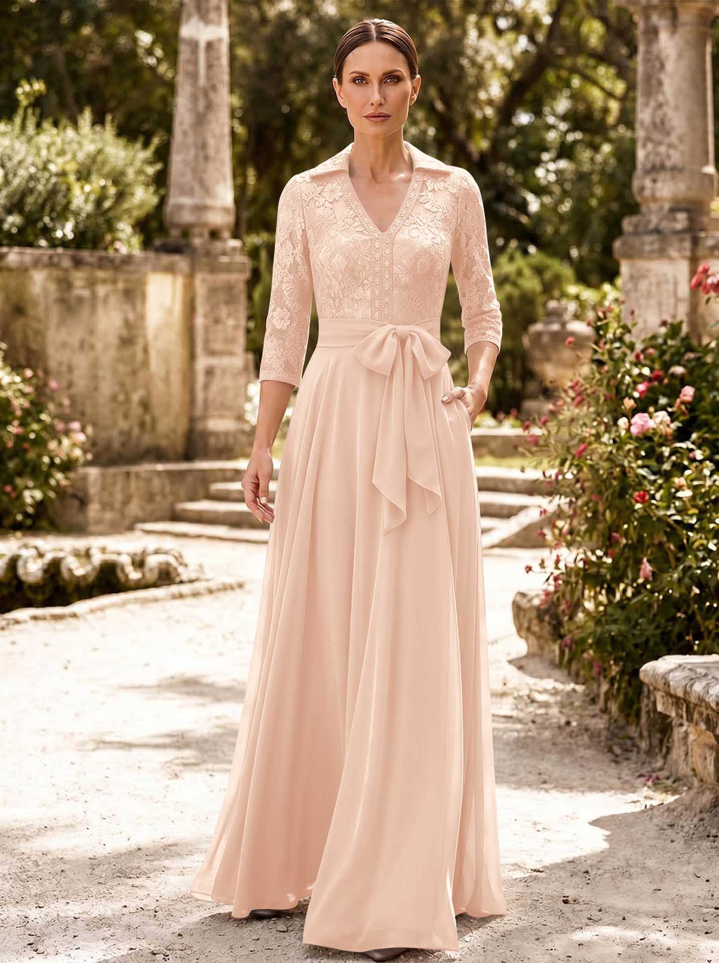 A-Line V-Neck 3/4 Sleeves Floor-Length Chiffon Mother Of The Bride Dresses