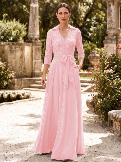 A-Line V-Neck 3/4 Sleeves Floor-Length Chiffon Mother Of The Bride Dresses