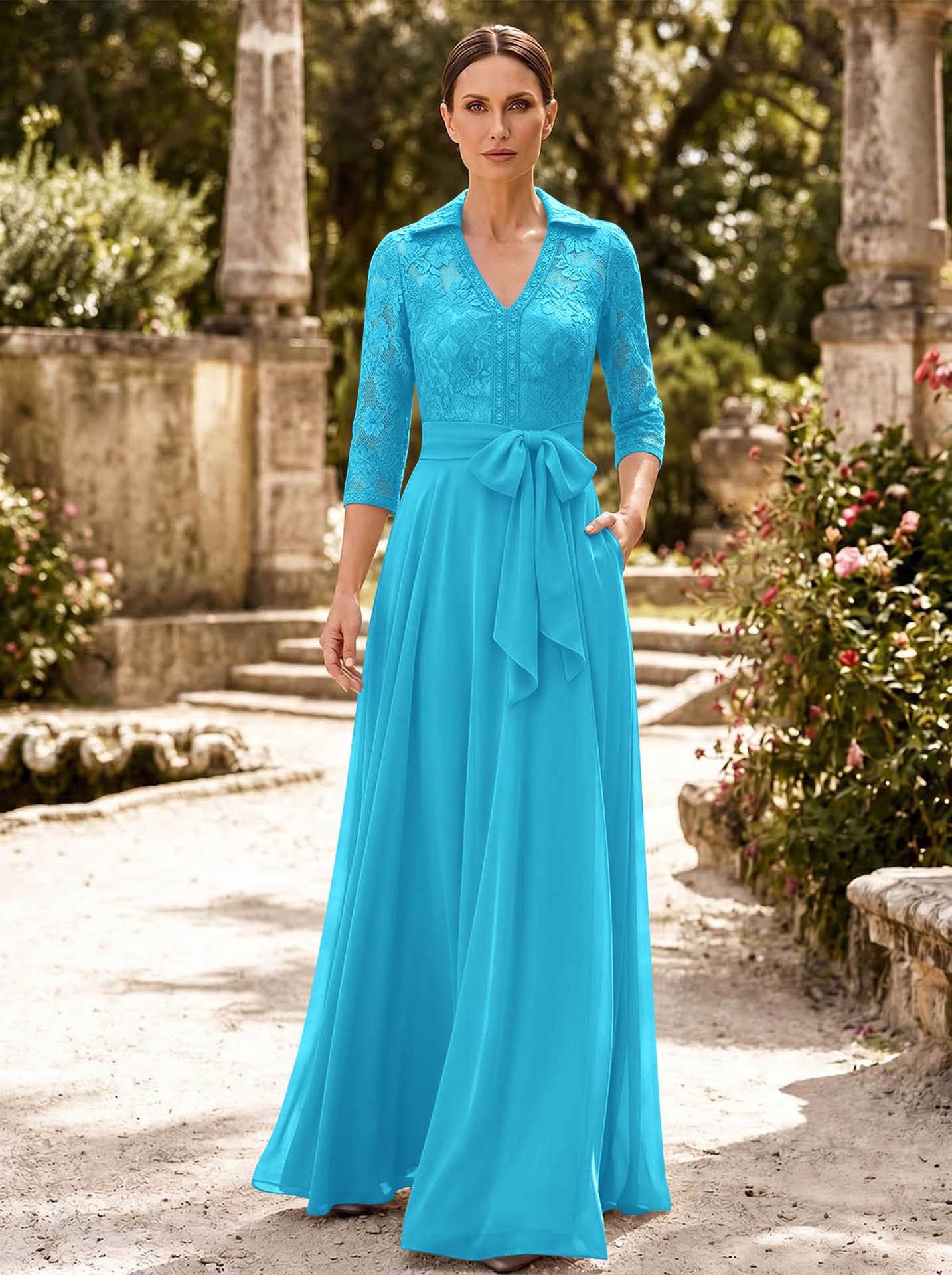A-Line V-Neck 3/4 Sleeves Floor-Length Chiffon Mother Of The Bride Dresses