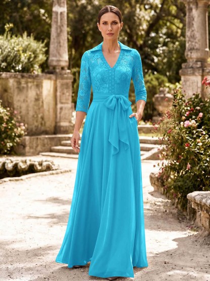 A-Line V-Neck 3/4 Sleeves Floor-Length Chiffon Mother Of The Bride Dresses