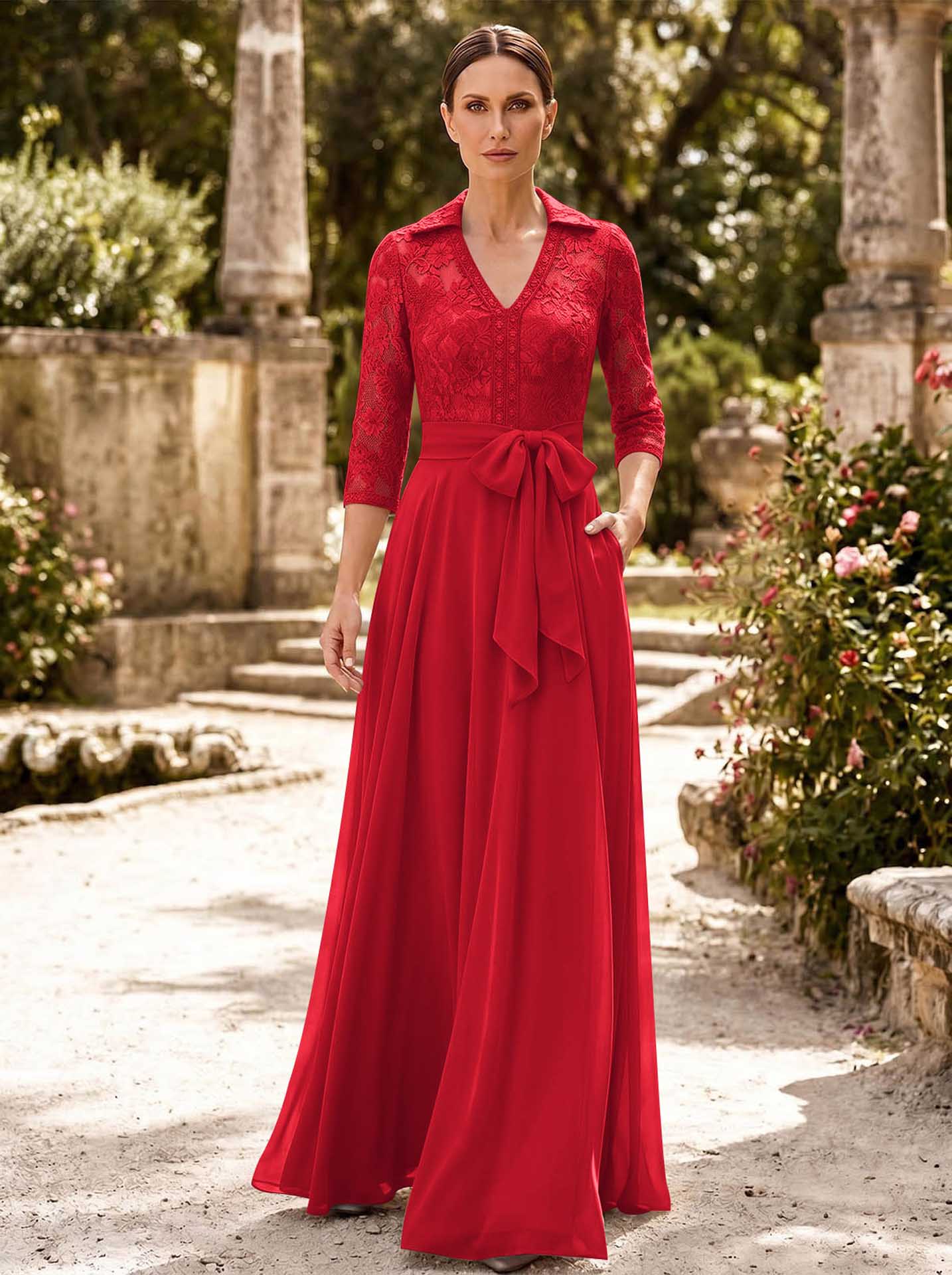 A-Line V-Neck 3/4 Sleeves Floor-Length Chiffon Mother Of The Bride Dresses
