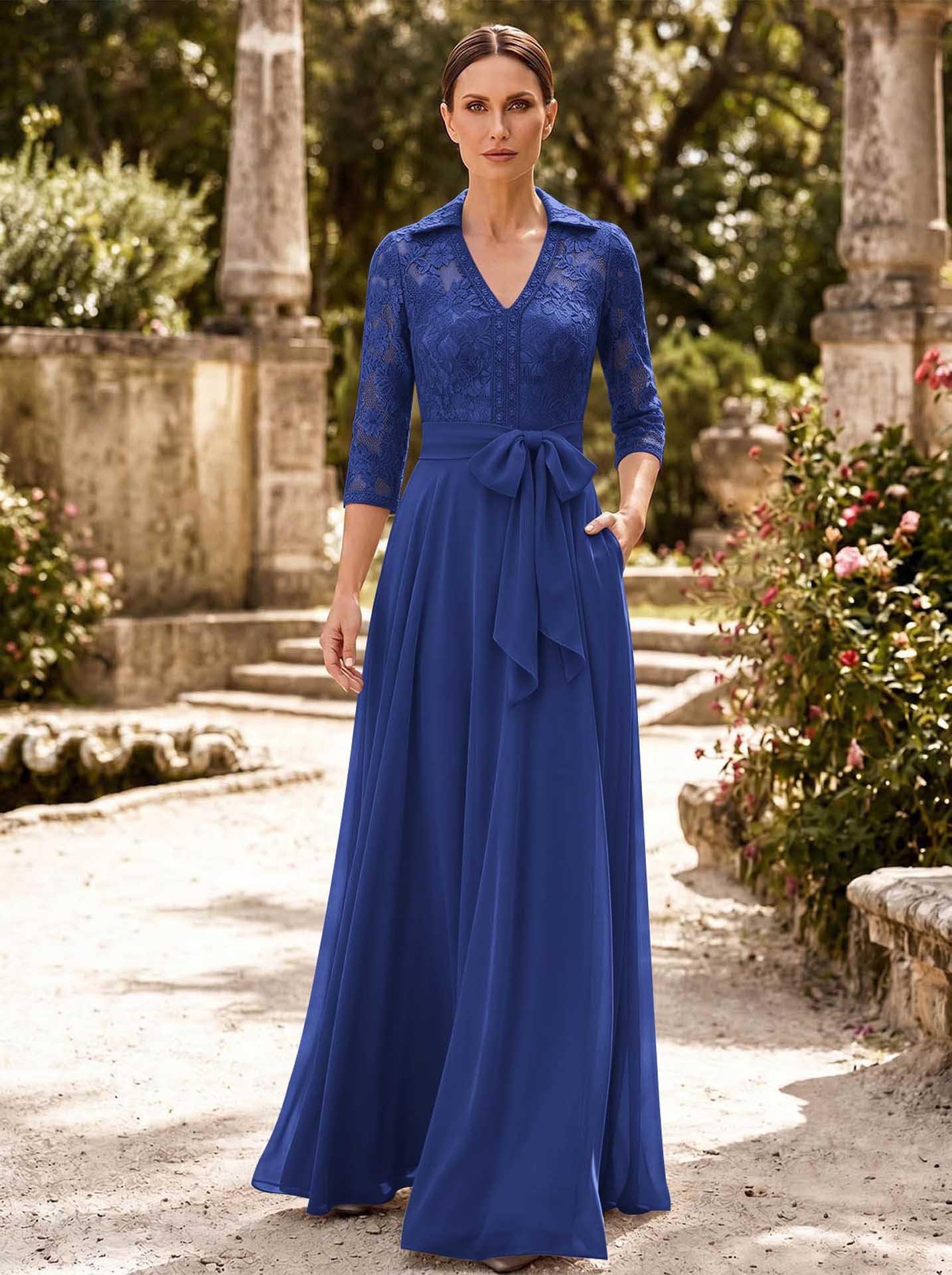 A-Line V-Neck 3/4 Sleeves Floor-Length Chiffon Mother Of The Bride Dresses
