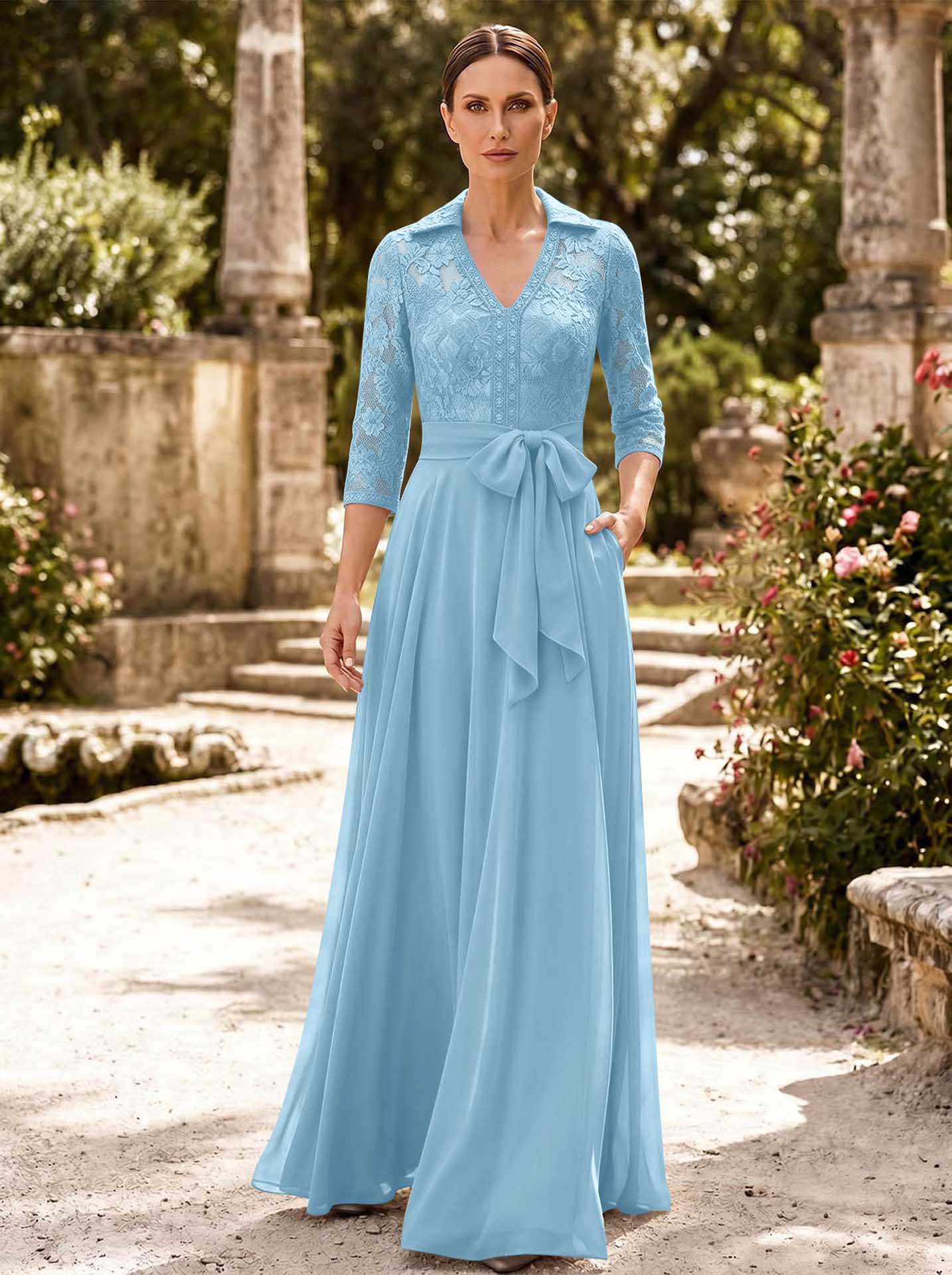 A-Line V-Neck 3/4 Sleeves Floor-Length Chiffon Mother Of The Bride Dresses
