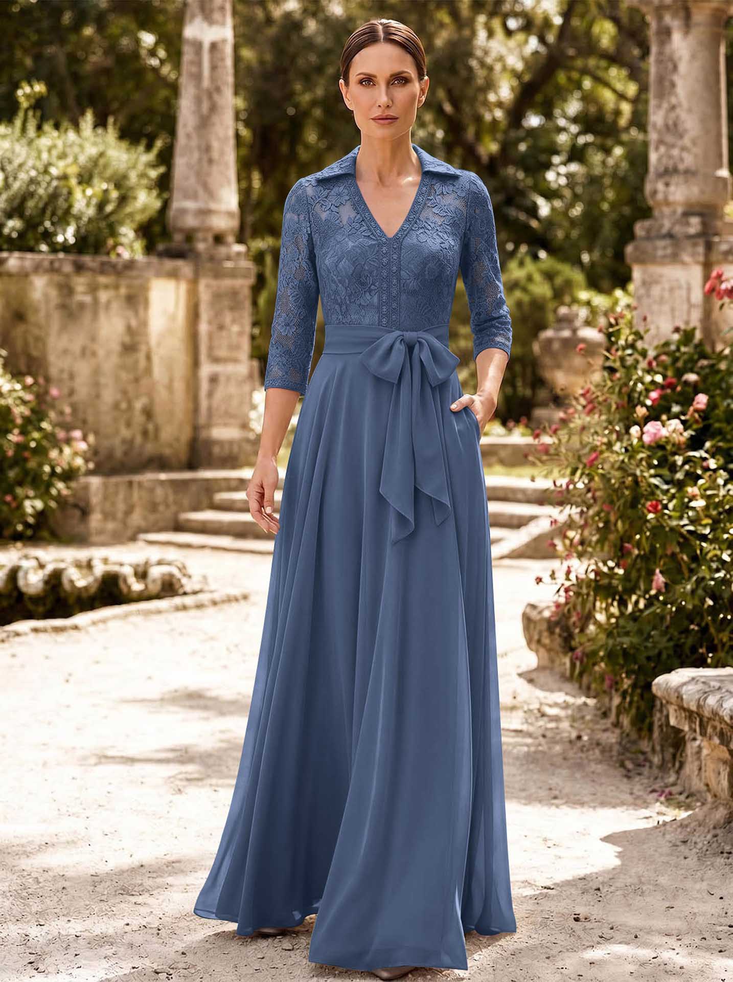 A-Line V-Neck 3/4 Sleeves Floor-Length Chiffon Mother Of The Bride Dresses