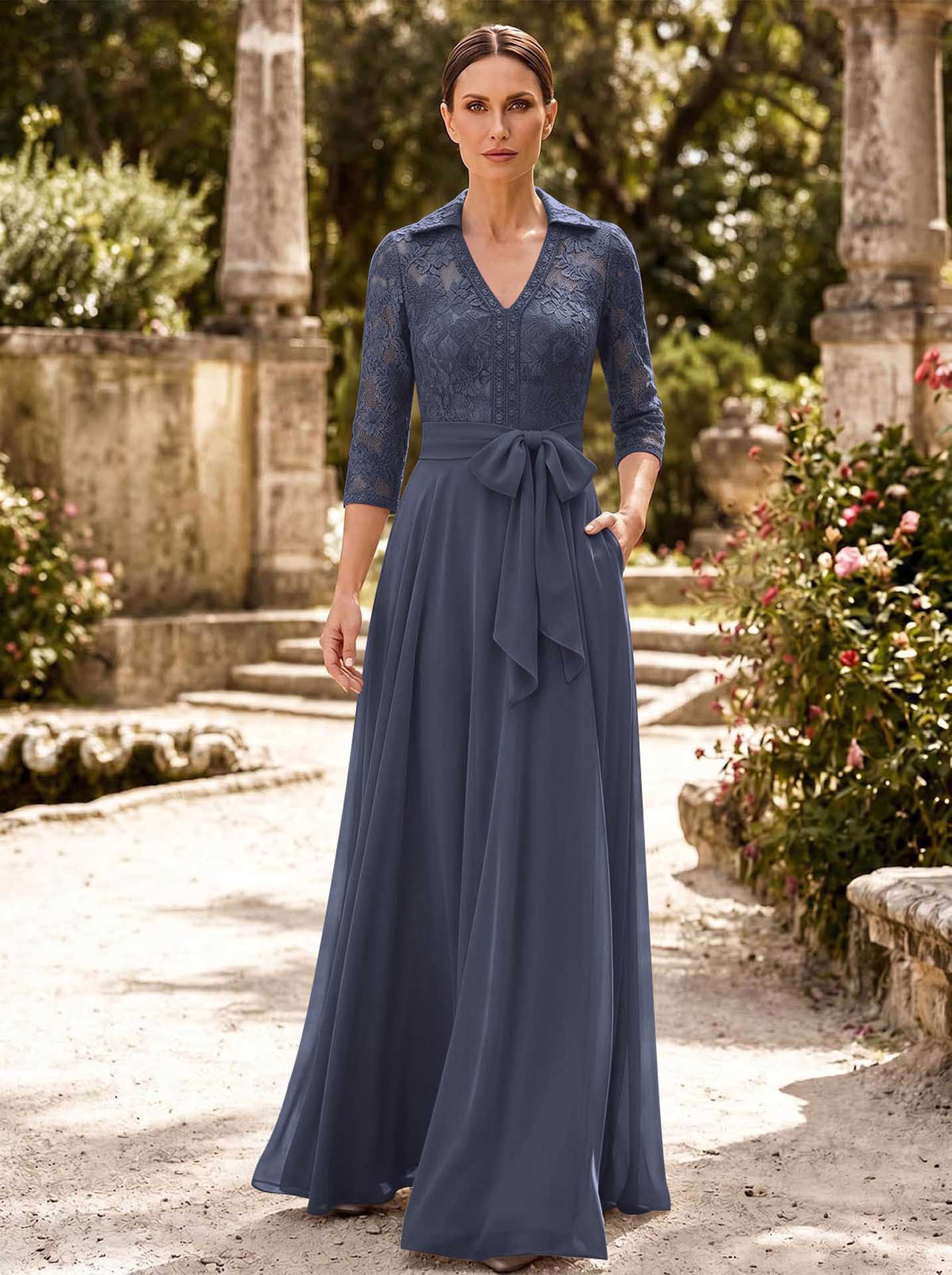 A-Line V-Neck 3/4 Sleeves Floor-Length Chiffon Mother Of The Bride Dresses
