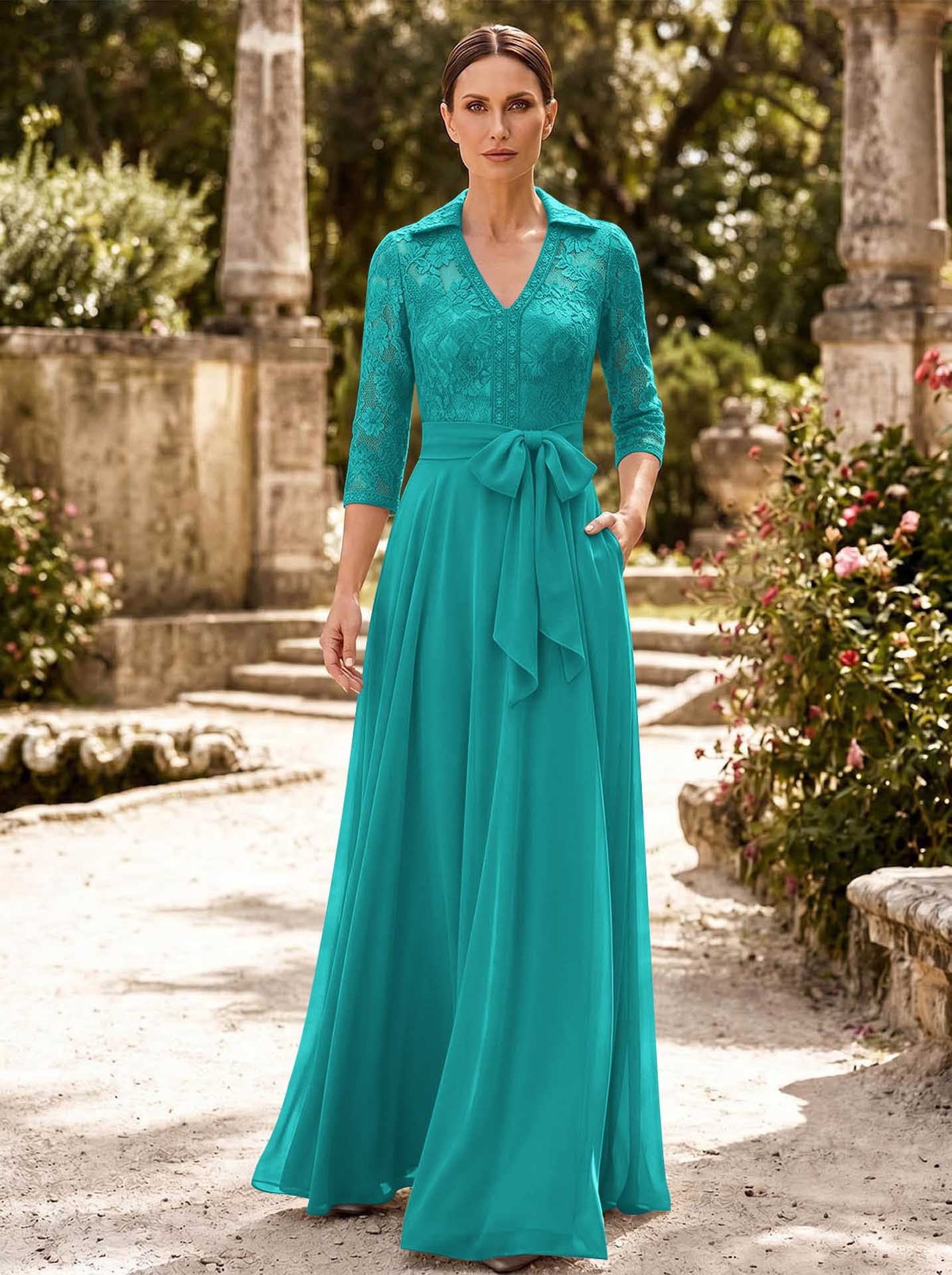 A-Line V-Neck 3/4 Sleeves Floor-Length Chiffon Mother Of The Bride Dresses