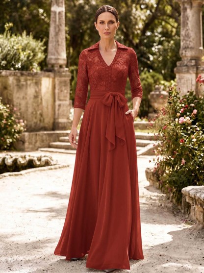 A-Line V-Neck 3/4 Sleeves Floor-Length Chiffon Mother Of The Bride Dresses