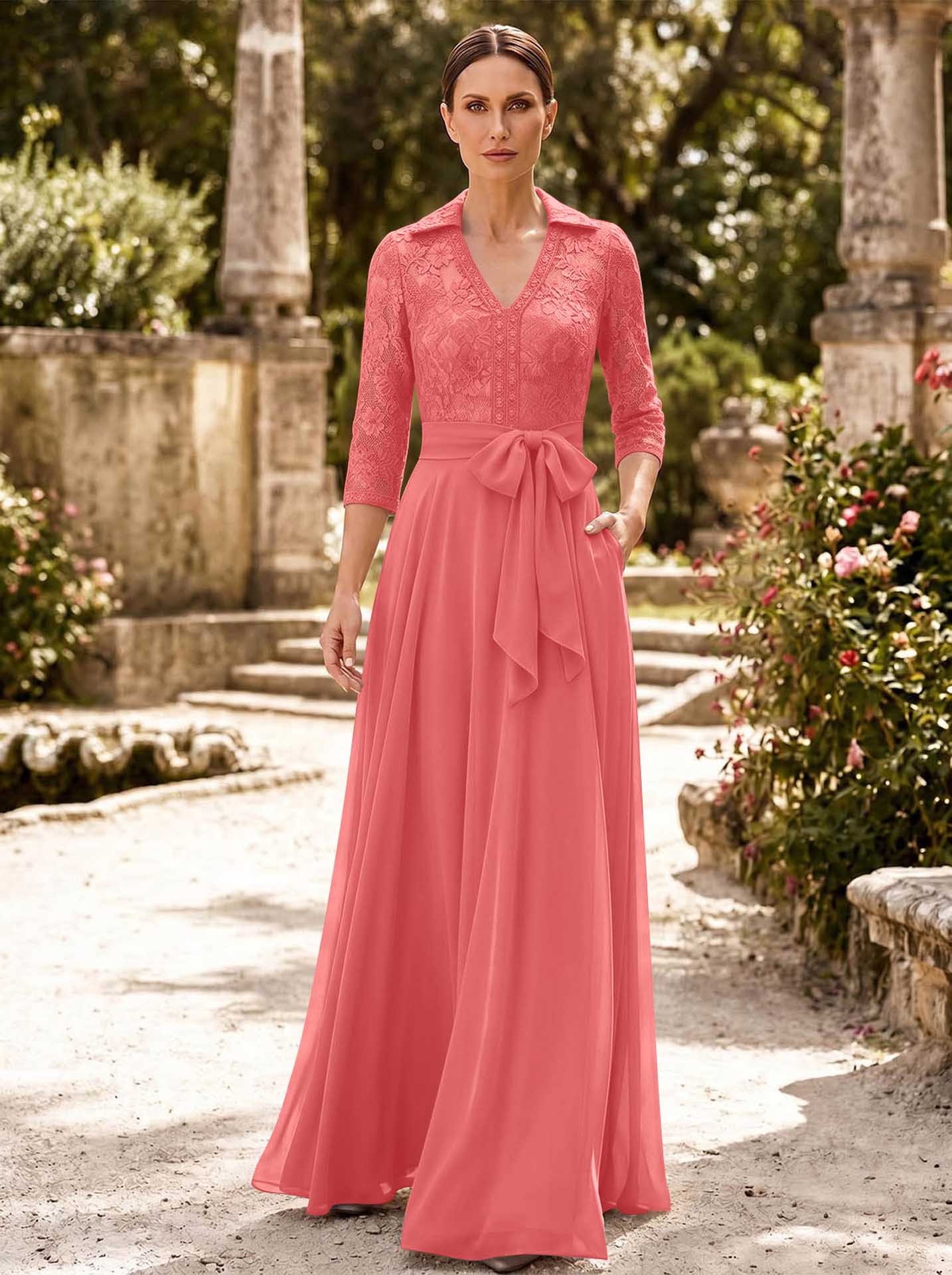 A-Line V-Neck 3/4 Sleeves Floor-Length Chiffon Mother Of The Bride Dresses