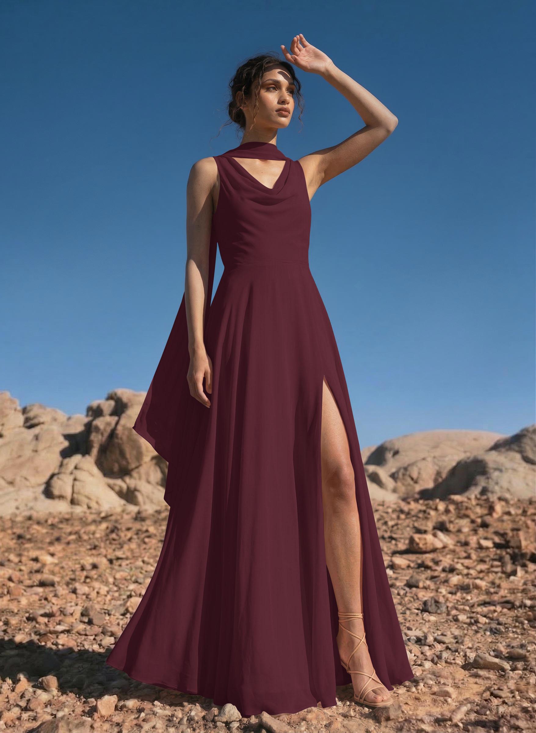 A-Line Cowl Neck Sleeveless Floor-Length Chiffon Bridesmaid Dresses With High Split, image 15
