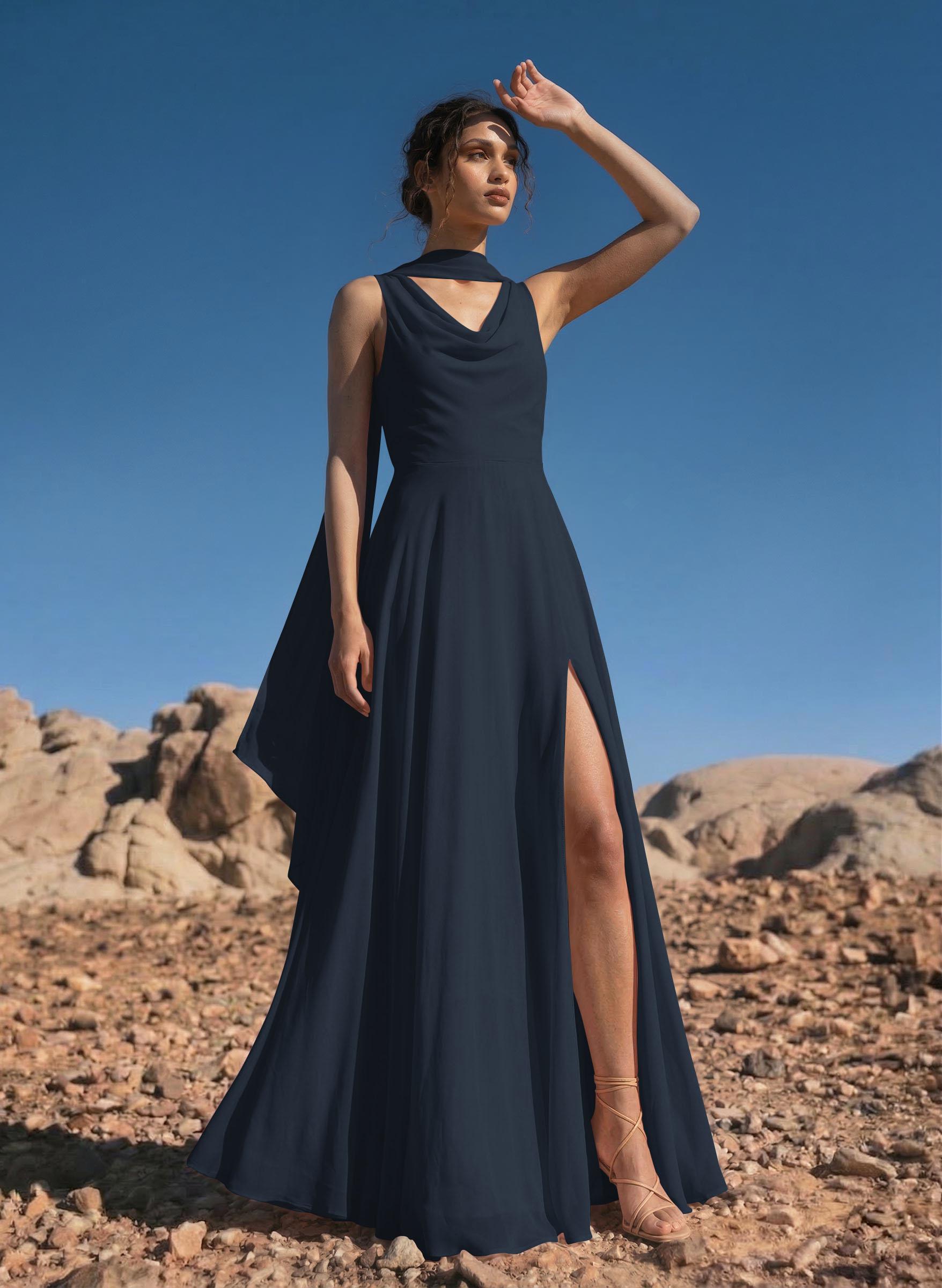 A-Line Cowl Neck Sleeveless Floor-Length Chiffon Bridesmaid Dresses With High Split, image 3