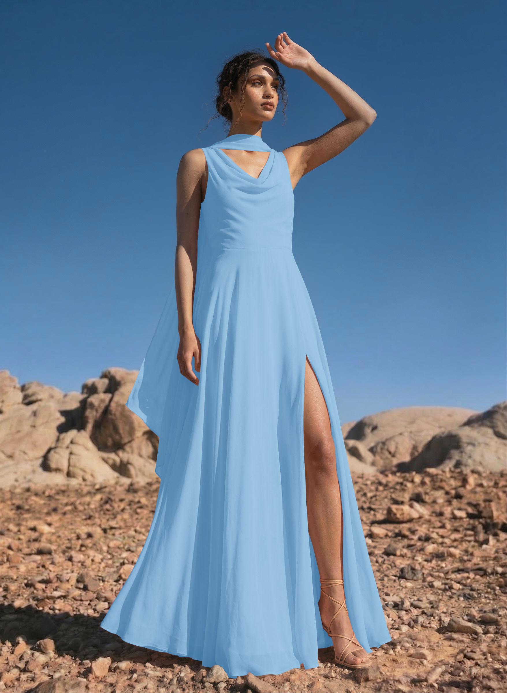 A-Line Cowl Neck Sleeveless Floor-Length Chiffon Bridesmaid Dresses With High Split, image 12