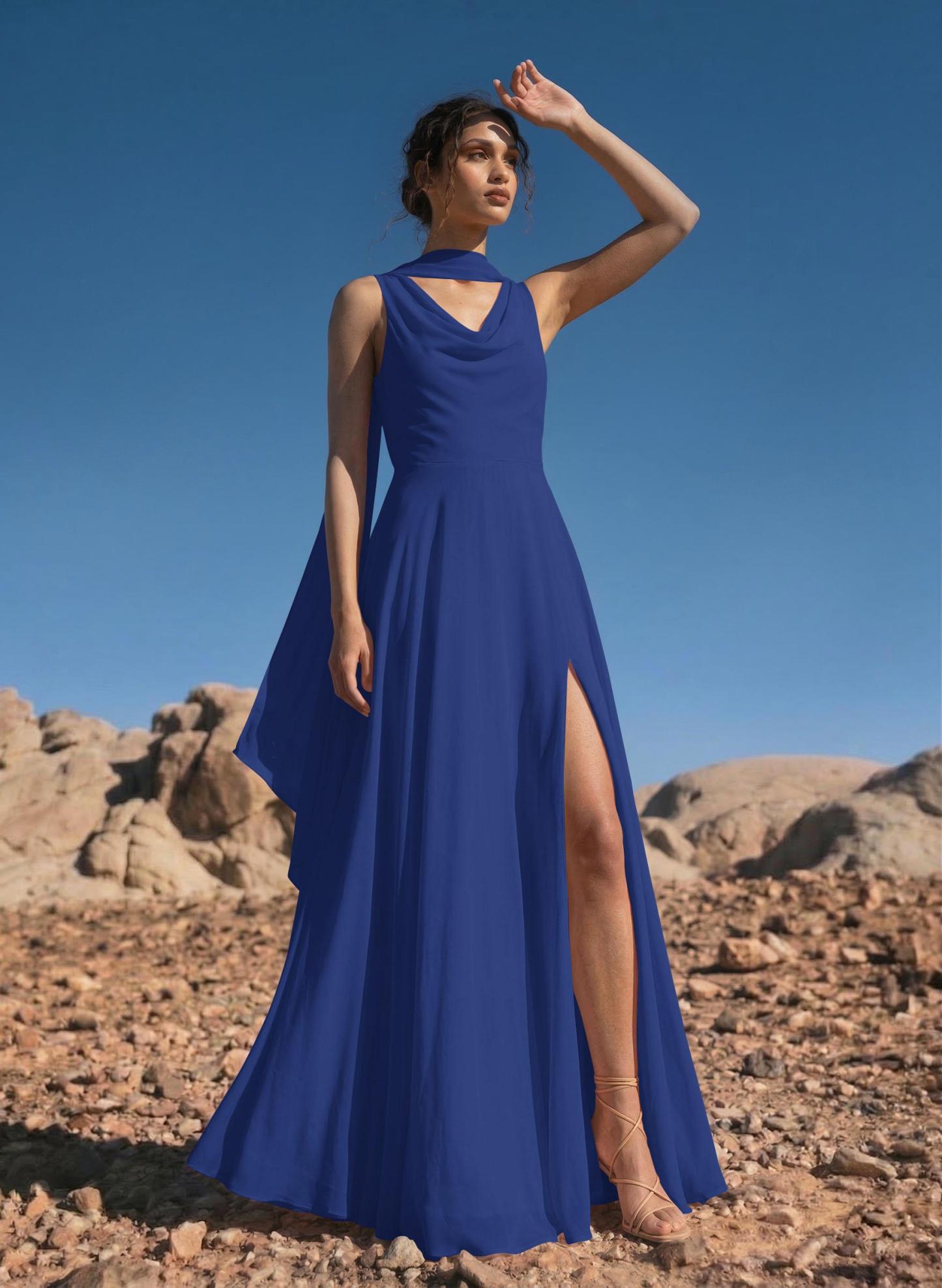 A-Line Cowl Neck Sleeveless Floor-Length Chiffon Bridesmaid Dresses With High Split, image 9
