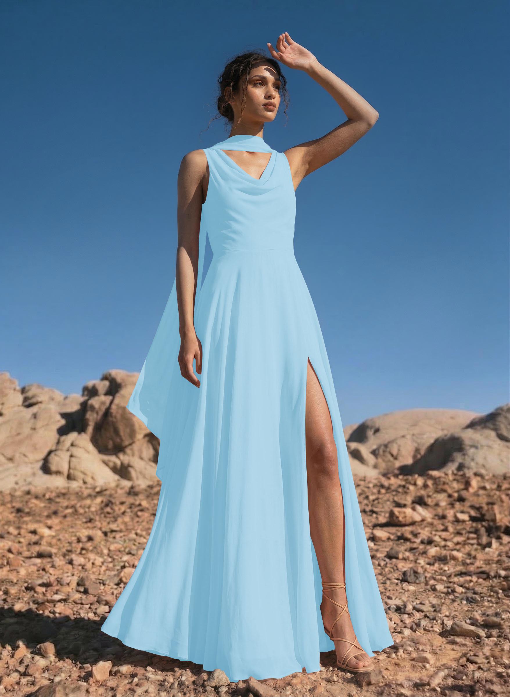 A-Line Cowl Neck Sleeveless Floor-Length Chiffon Bridesmaid Dresses With High Split, image 13
