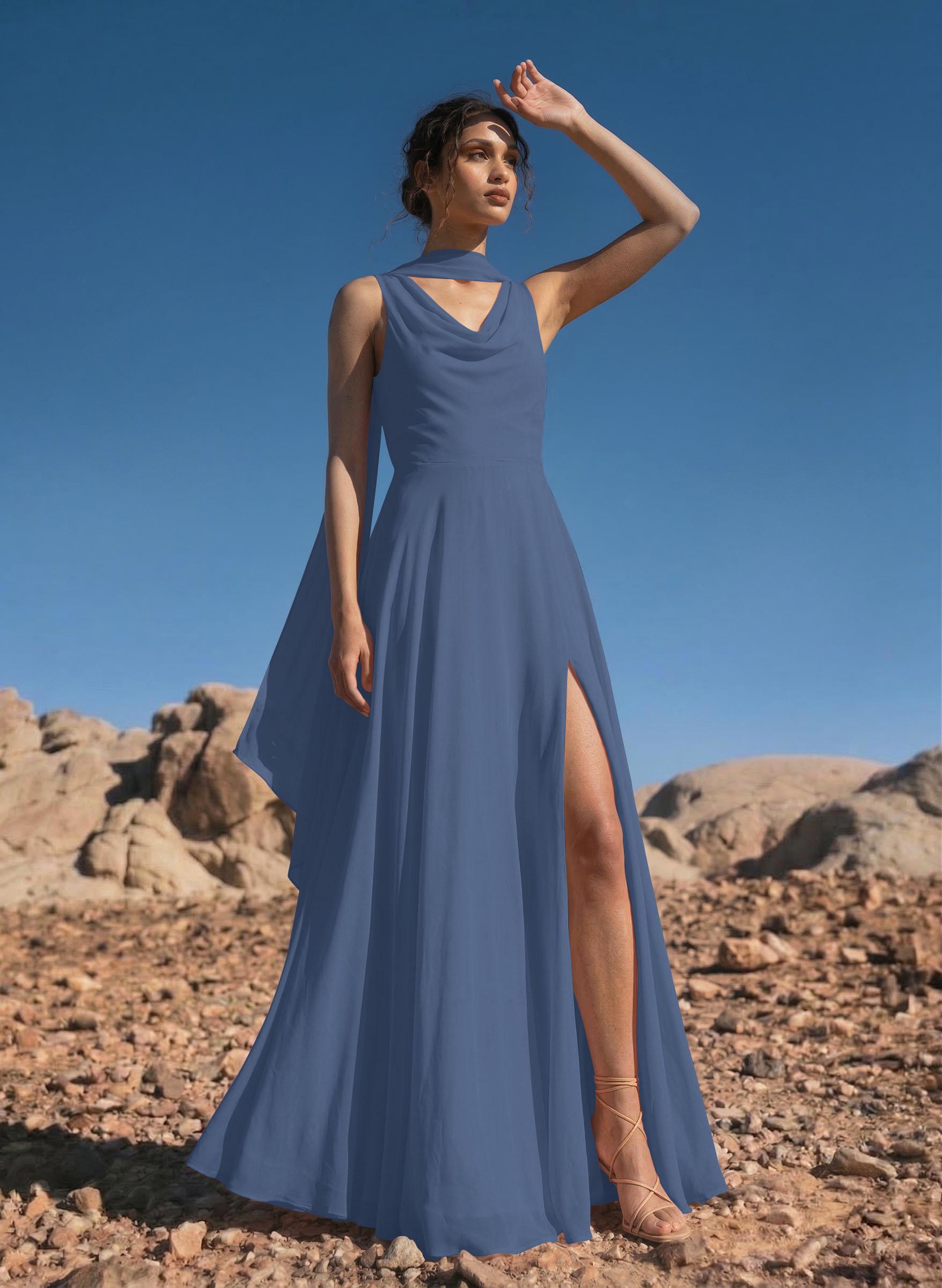 A-Line Cowl Neck Sleeveless Floor-Length Chiffon Bridesmaid Dresses With High Split, image 6