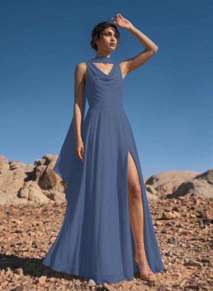 A-Line Cowl Neck Sleeveless Floor-Length Chiffon Bridesmaid Dresses With High Split