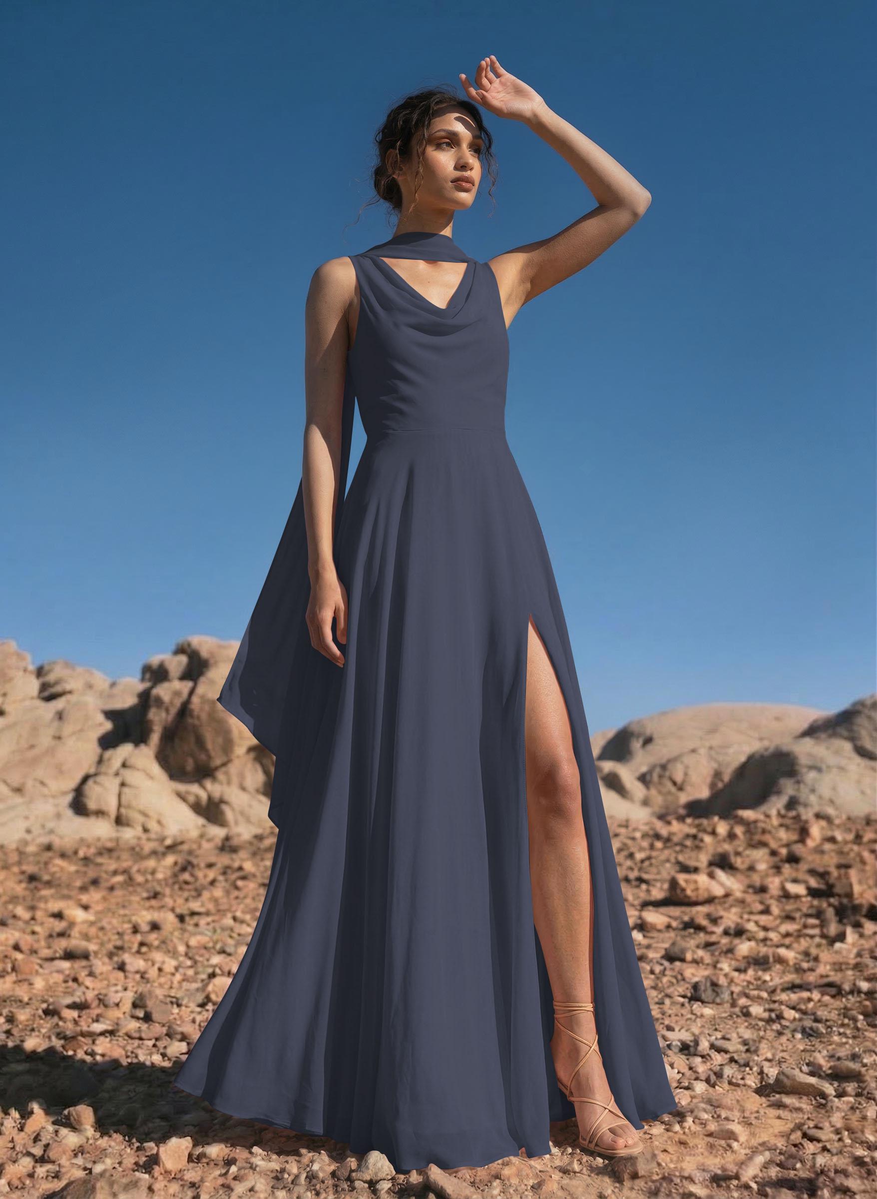 A-Line Cowl Neck Sleeveless Floor-Length Chiffon Bridesmaid Dresses With High Split, image 7