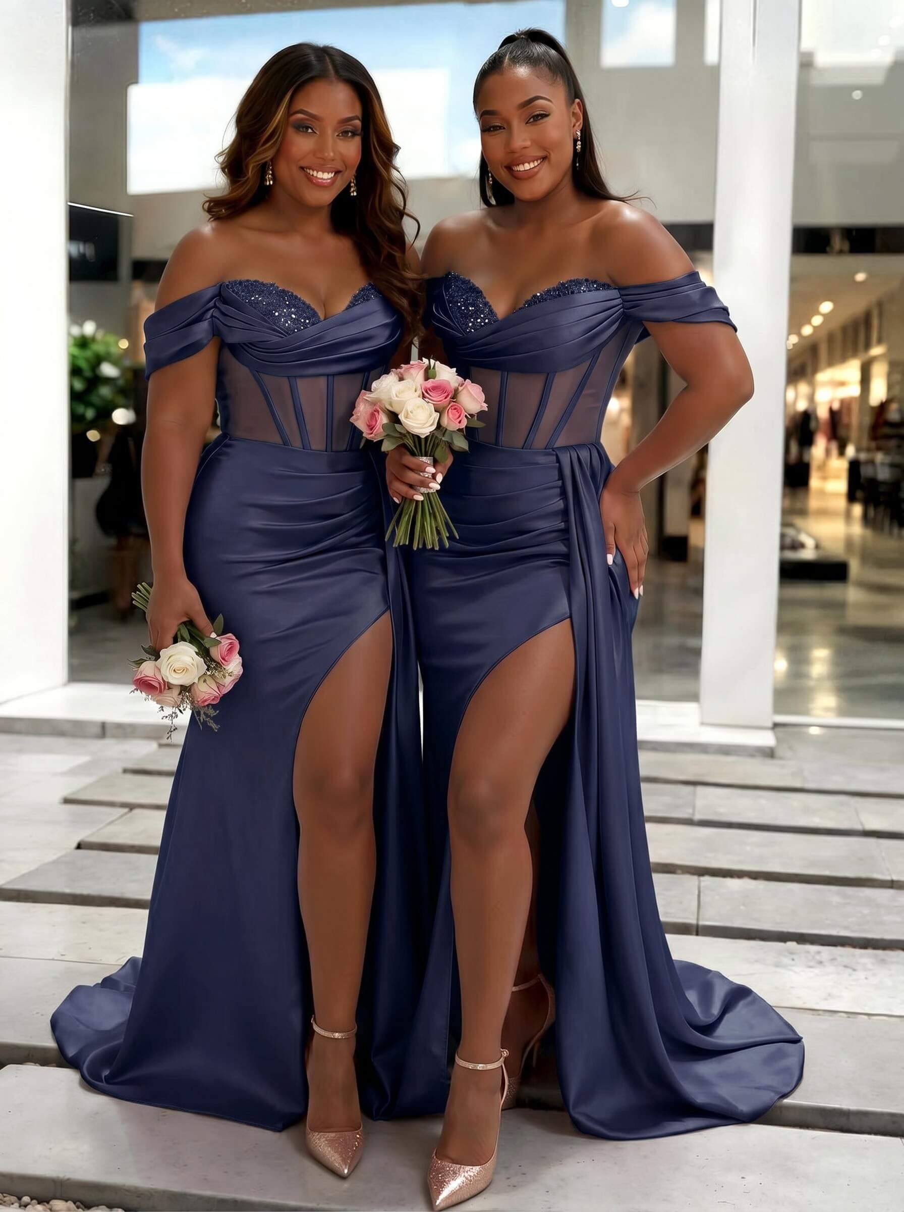 Sheath/Column Off-The-Shoulder Sleeveless Sweep Train Charmeuse Bridesmaid Dresses With High Split