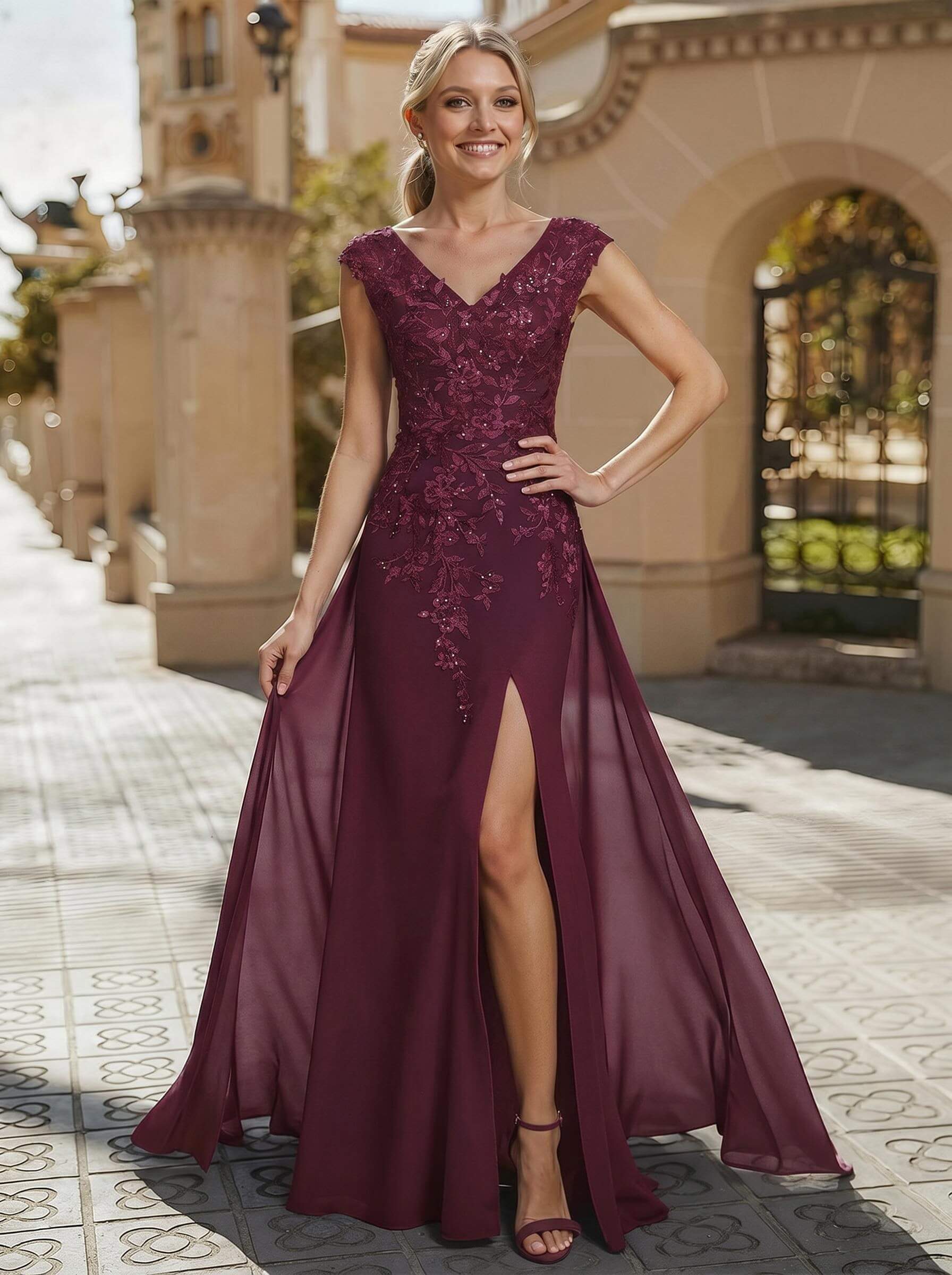 Sheath/Column V-Neck Sleeveless Chiffon Mother Of The Bride Dresses With Appliques Lace/High Split, product image 27