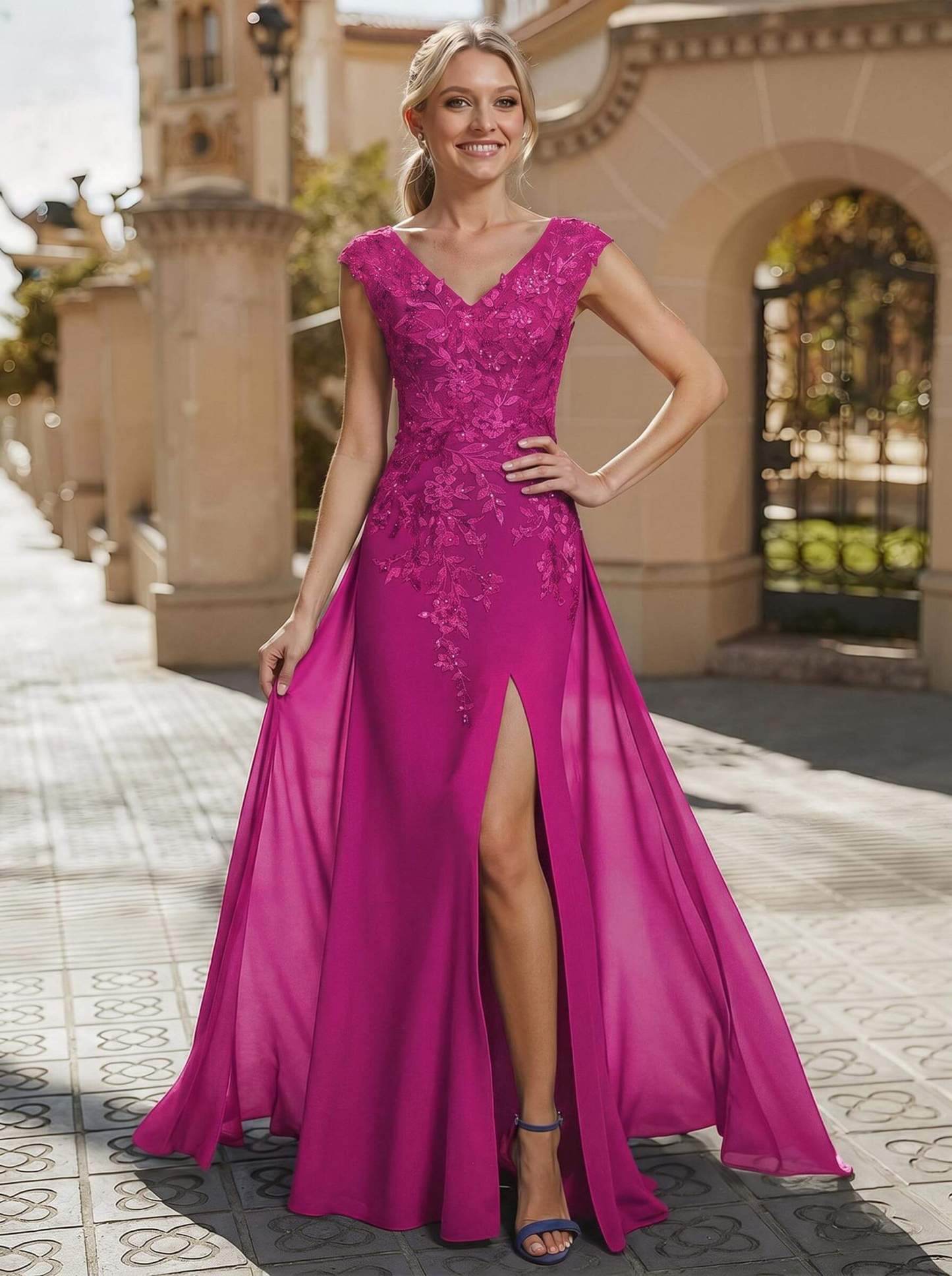 Sheath/Column V-Neck Sleeveless Chiffon Mother Of The Bride Dresses With Appliques Lace/High Split, product image 16