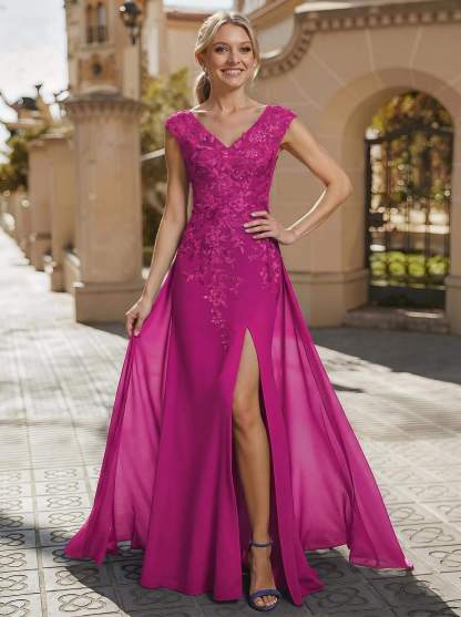 Sheath/Column V-Neck Sleeveless Chiffon Mother Of The Bride Dresses With Appliques Lace/High Split, product image 16