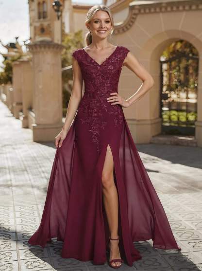 Sheath/Column V-Neck Sleeveless Chiffon Mother Of The Bride Dresses With Appliques Lace/High Split, product image 26