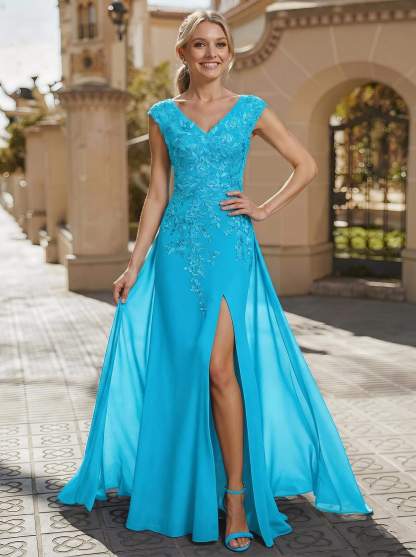 Sheath/Column V-Neck Sleeveless Chiffon Mother Of The Bride Dresses With Appliques Lace/High Split, product image 12