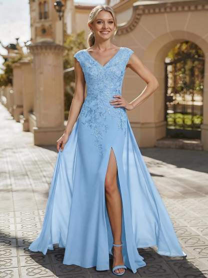 Sheath/Column V-Neck Sleeveless Chiffon Mother Of The Bride Dresses With Appliques Lace/High Split, product image 14