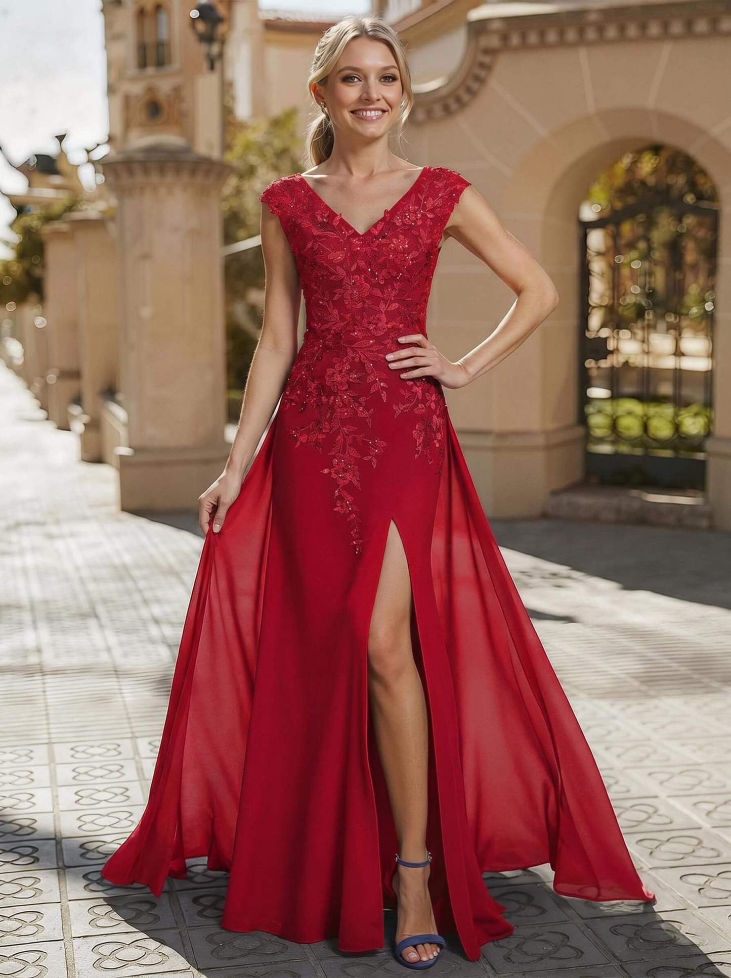 Sheath/Column V-Neck Sleeveless Chiffon Mother Of The Bride Dresses With Appliques Lace/High Split, product image 25