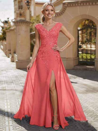Sheath/Column V-Neck Sleeveless Chiffon Mother Of The Bride Dresses With Appliques Lace/High Split, product image 31