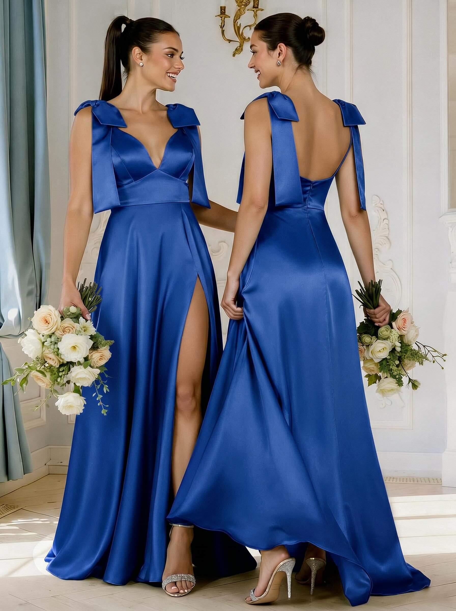 A-Line Plunge Neck Sleeveless Floor-Length Satin Bridesmaid Dresses With Bow(s)/High Split, product image 8