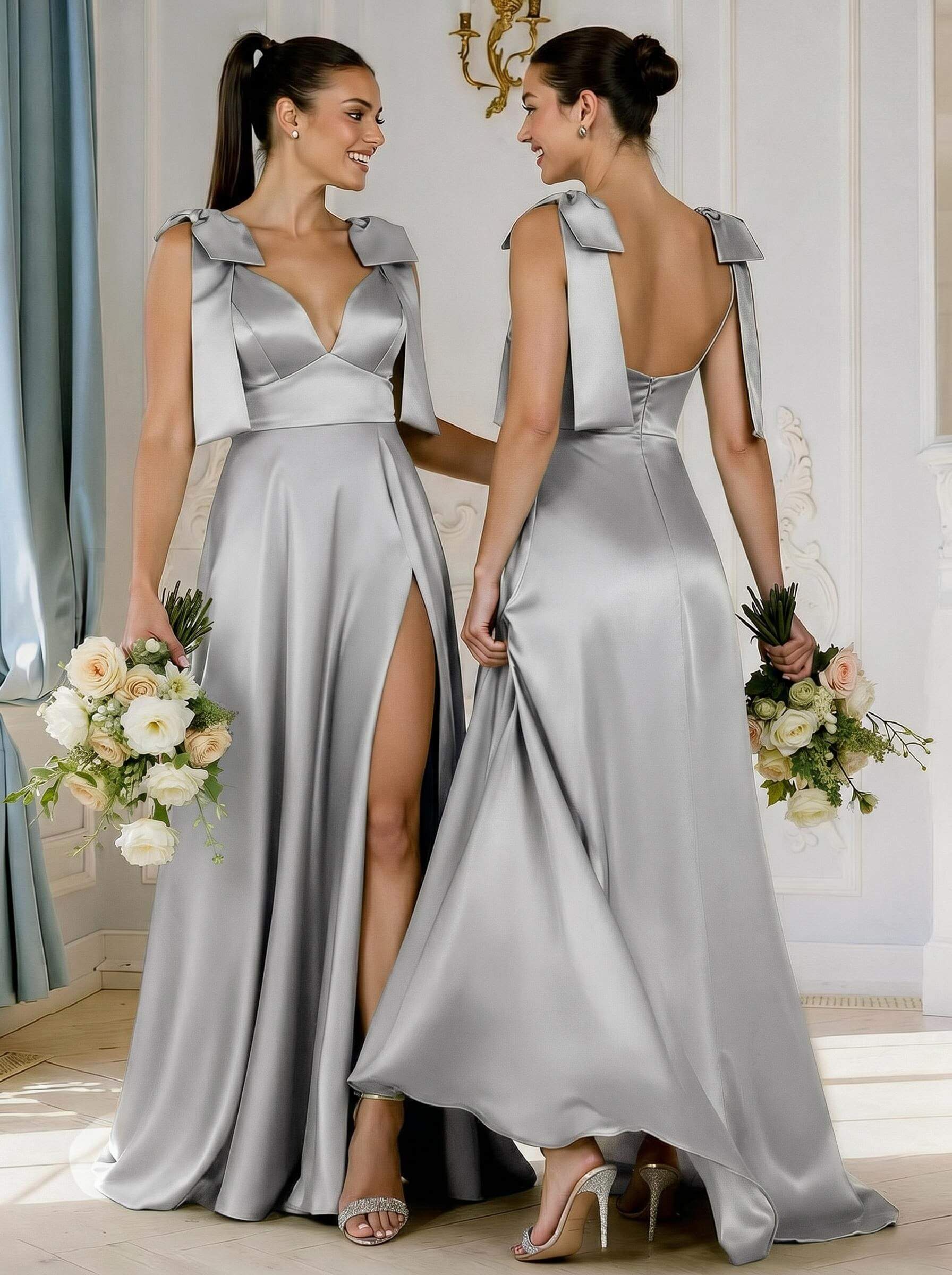 A-Line Plunge Neck Sleeveless Floor-Length Satin Bridesmaid Dresses With Bow(s)/High Split, product image 55