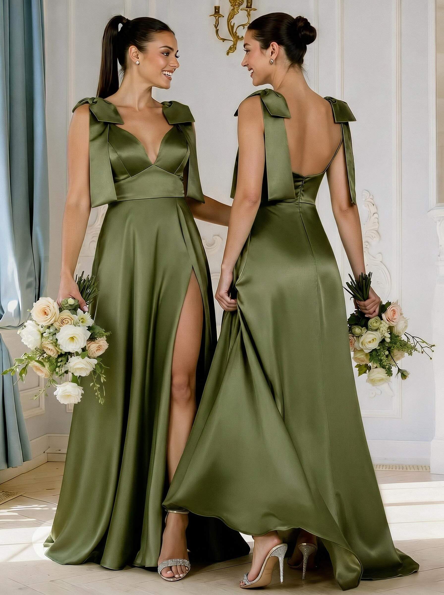 A-Line Plunge Neck Sleeveless Floor-Length Satin Bridesmaid Dresses With Bow(s)/High Split, product image 60