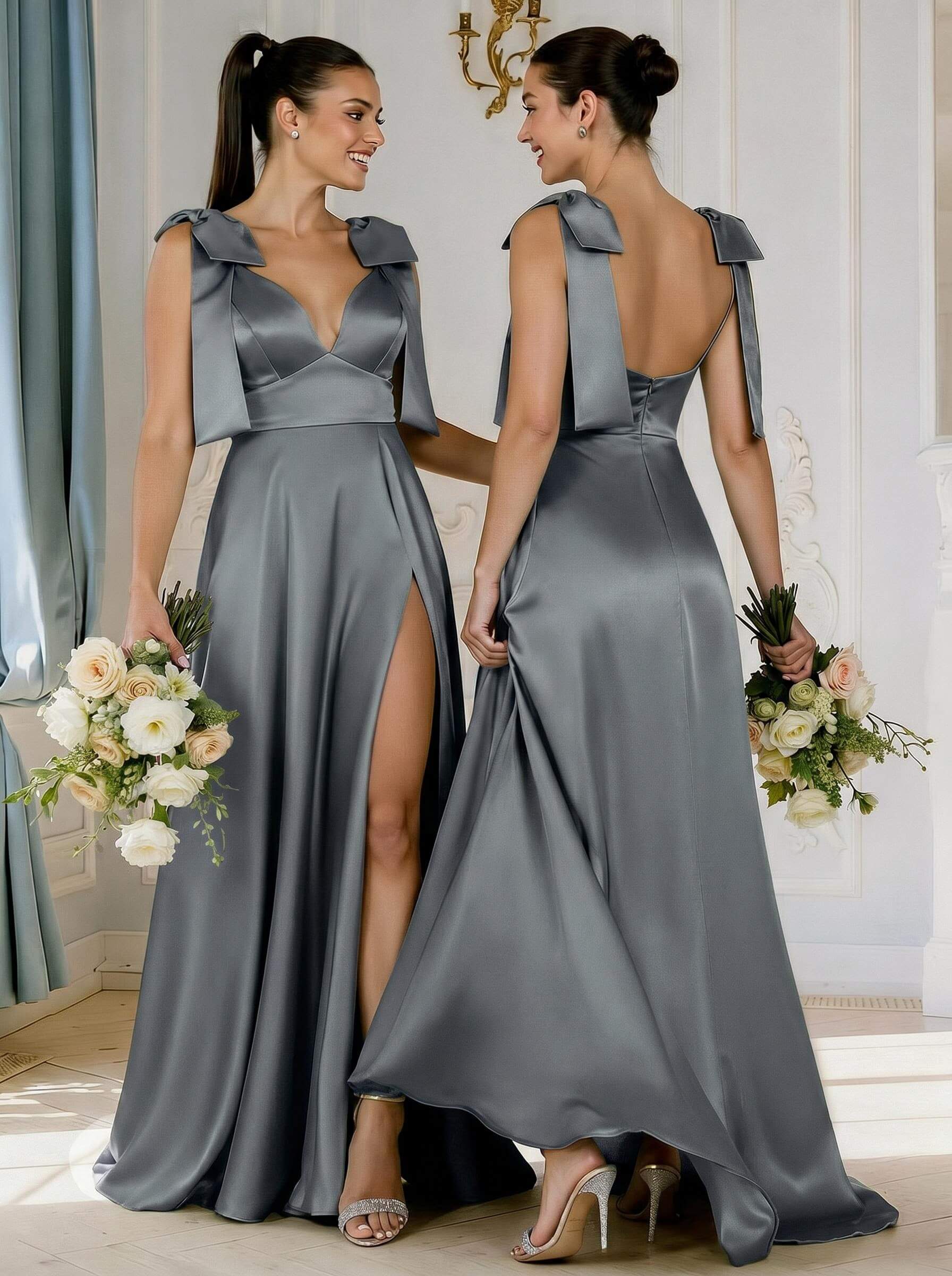 A-Line Plunge Neck Sleeveless Floor-Length Satin Bridesmaid Dresses With Bow(s)/High Split, product image 56