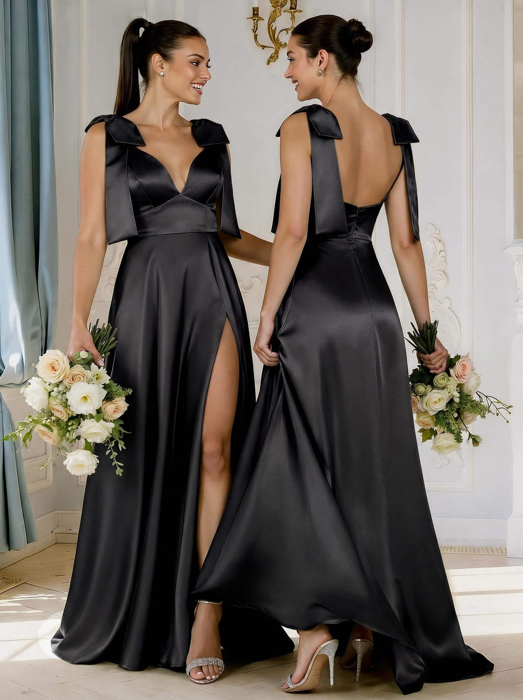 A-Line Plunge Neck Sleeveless Floor-Length Satin Bridesmaid Dresses With Bow(s)/High Split, product image 57