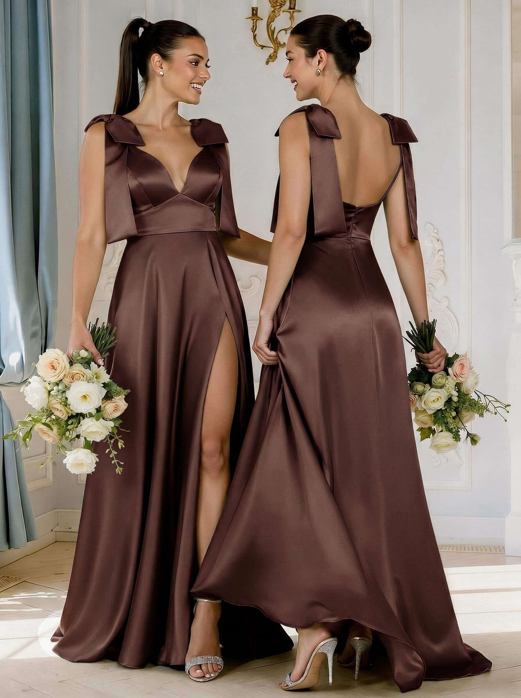 A-Line Plunge Neck Sleeveless Floor-Length Satin Bridesmaid Dresses With Bow(s)/High Split, product image 52