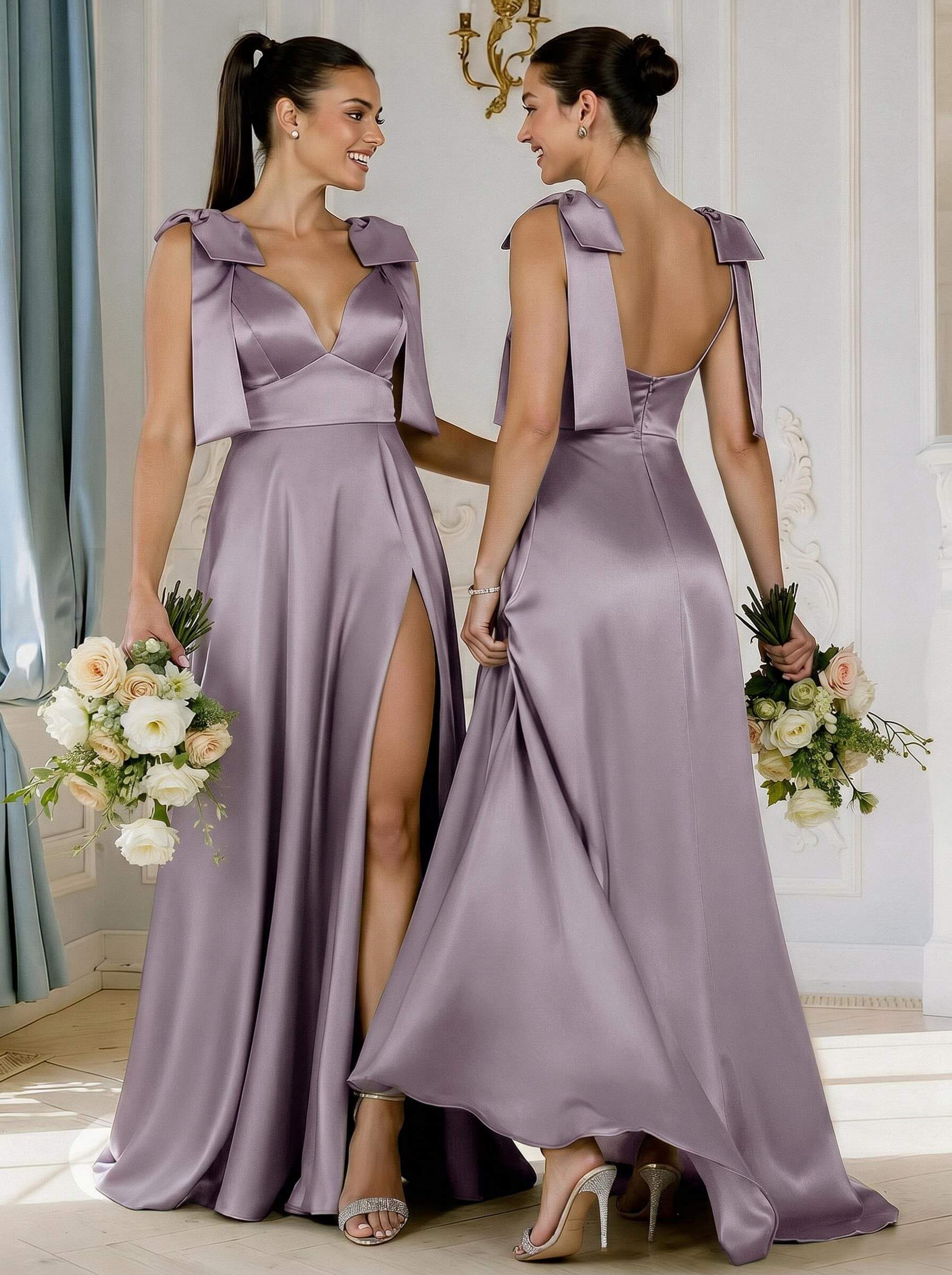 A-Line Plunge Neck Sleeveless Floor-Length Satin Bridesmaid Dresses With Bow(s)/High Split, product image 28