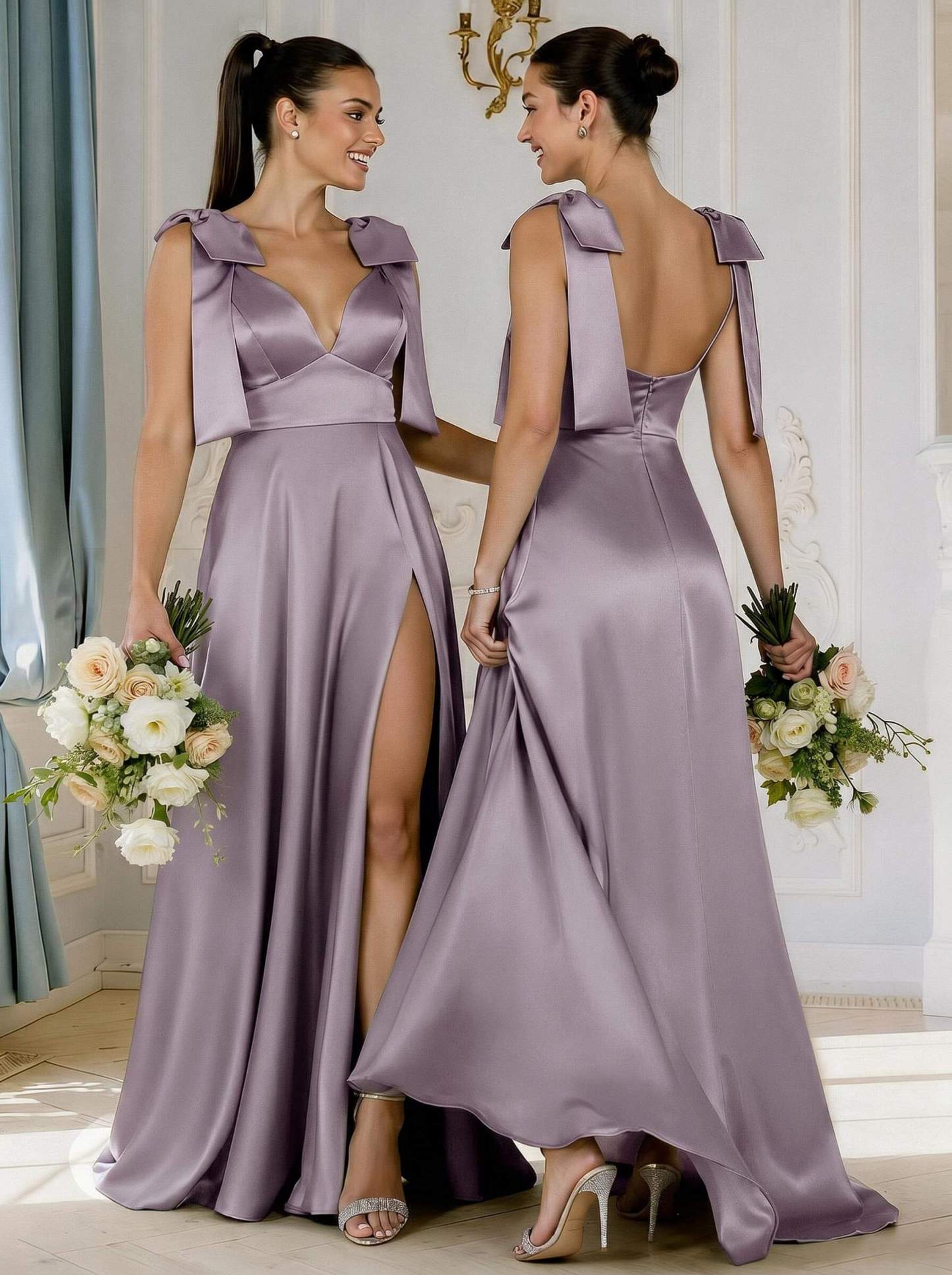 A-Line Plunge Neck Sleeveless Floor-Length Satin Bridesmaid Dresses With Bow(s)/High Split, product image 28