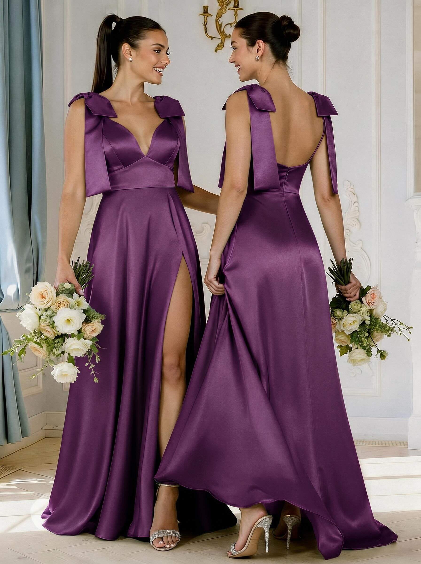 A-Line Plunge Neck Sleeveless Floor-Length Satin Bridesmaid Dresses With Bow(s)/High Split, product image 35