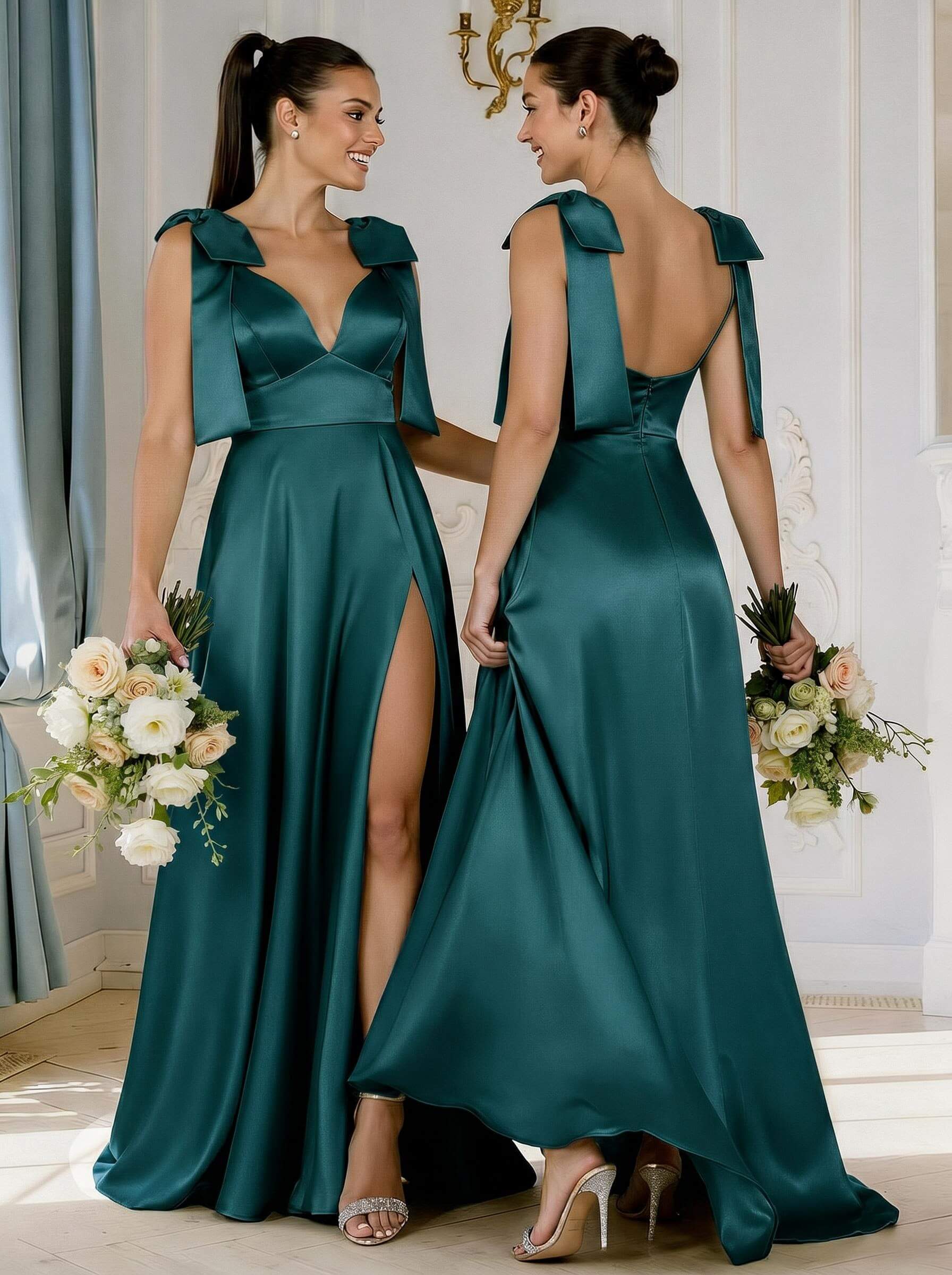 A-Line Plunge Neck Sleeveless Floor-Length Satin Bridesmaid Dresses With Bow(s)/High Split, product image 41