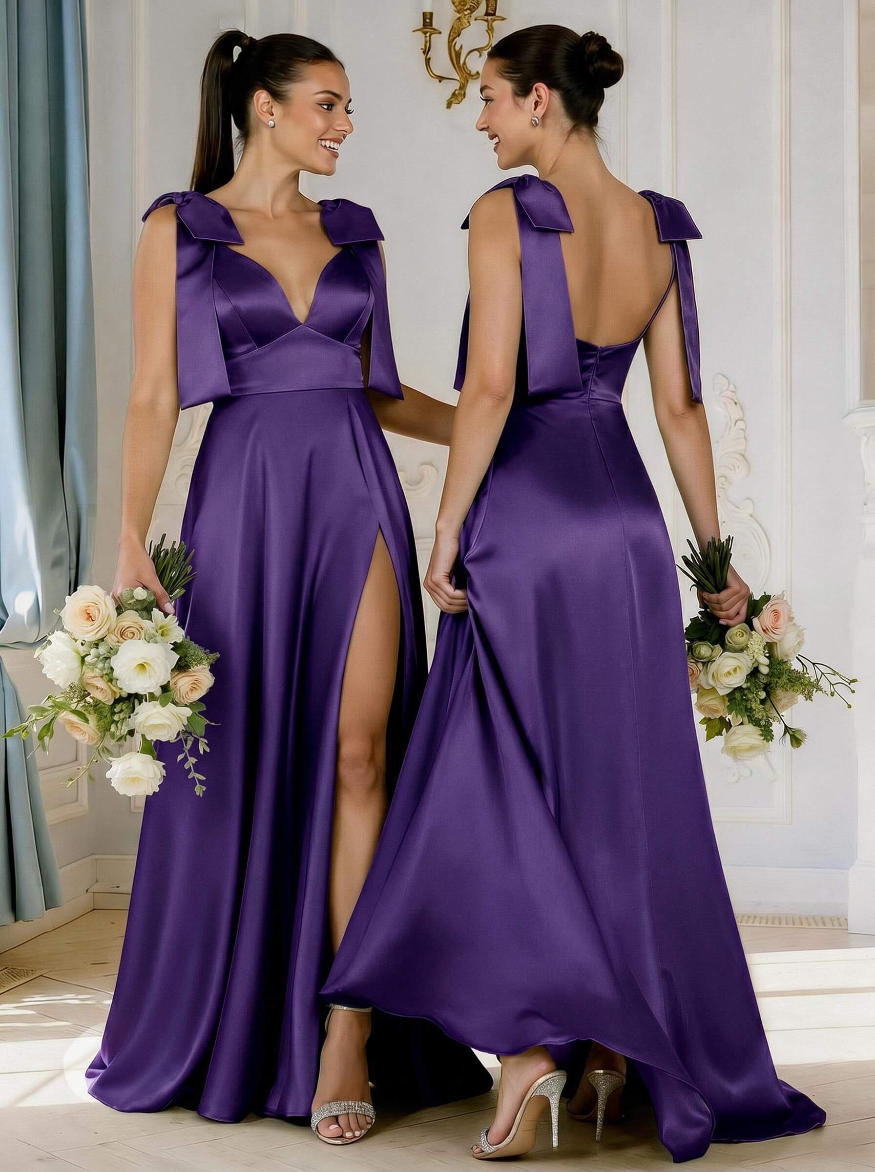 A-Line Plunge Neck Sleeveless Floor-Length Satin Bridesmaid Dresses With Bow(s)/High Split, product image 38