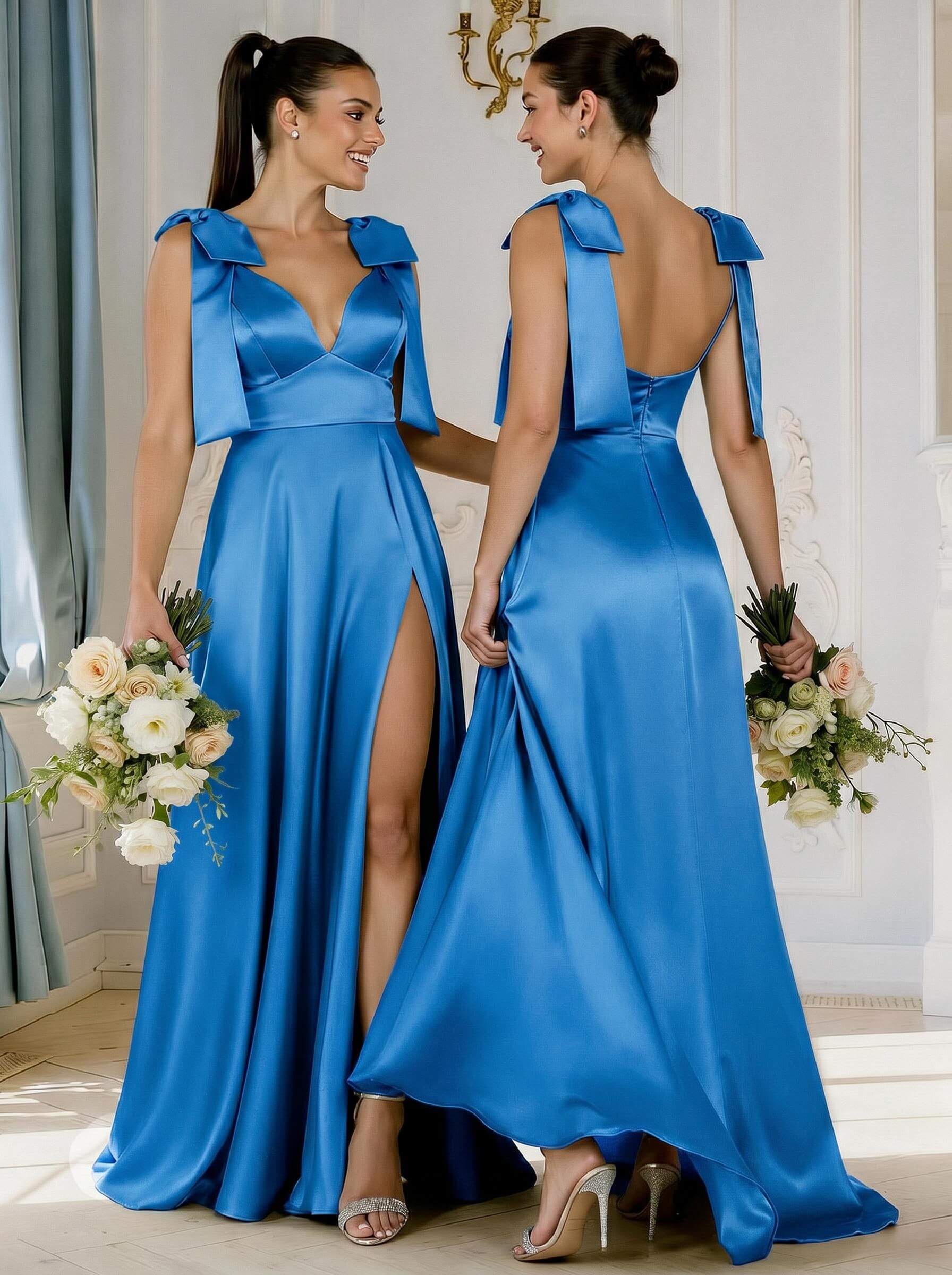 A-Line Plunge Neck Sleeveless Floor-Length Satin Bridesmaid Dresses With Bow(s)/High Split, product image 9