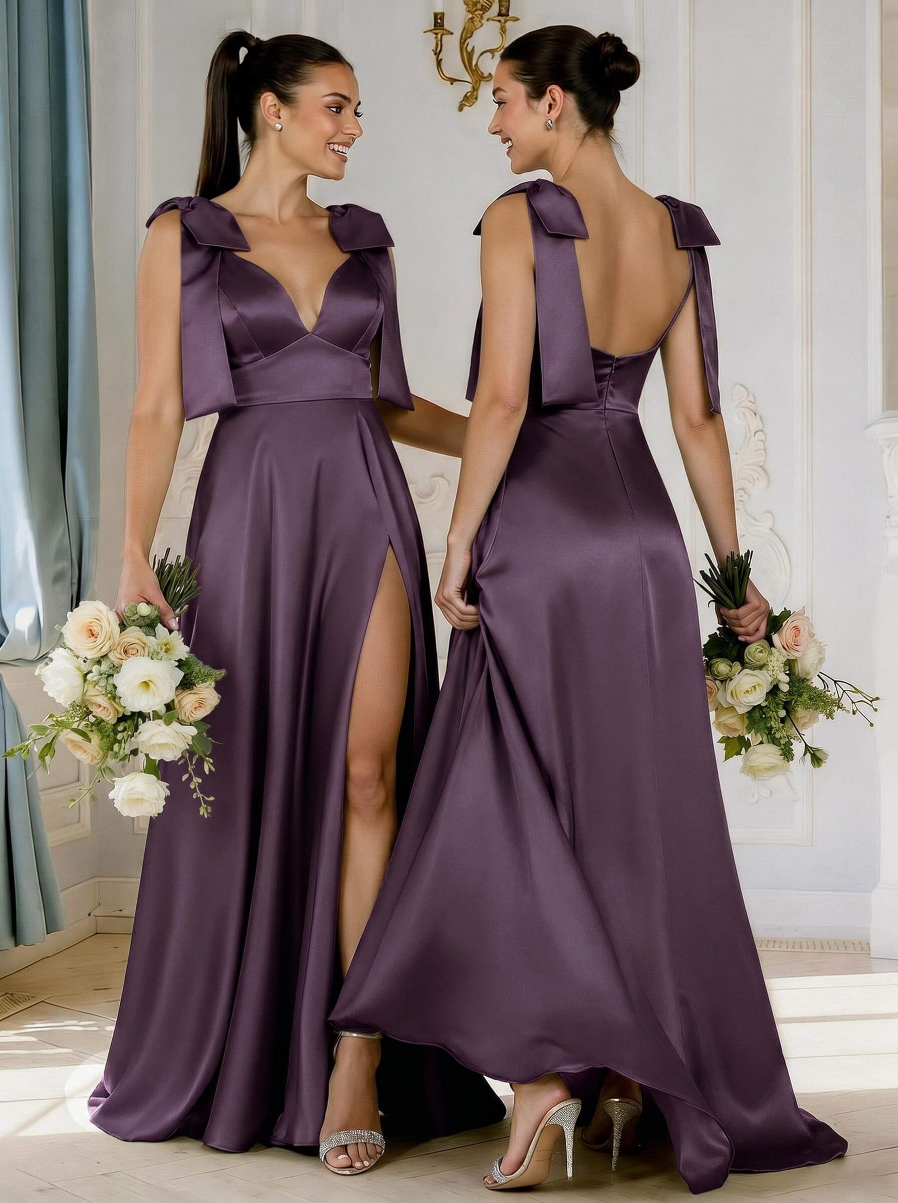 A-Line Plunge Neck Sleeveless Floor-Length Satin Bridesmaid Dresses With Bow(s)/High Split, product image 59