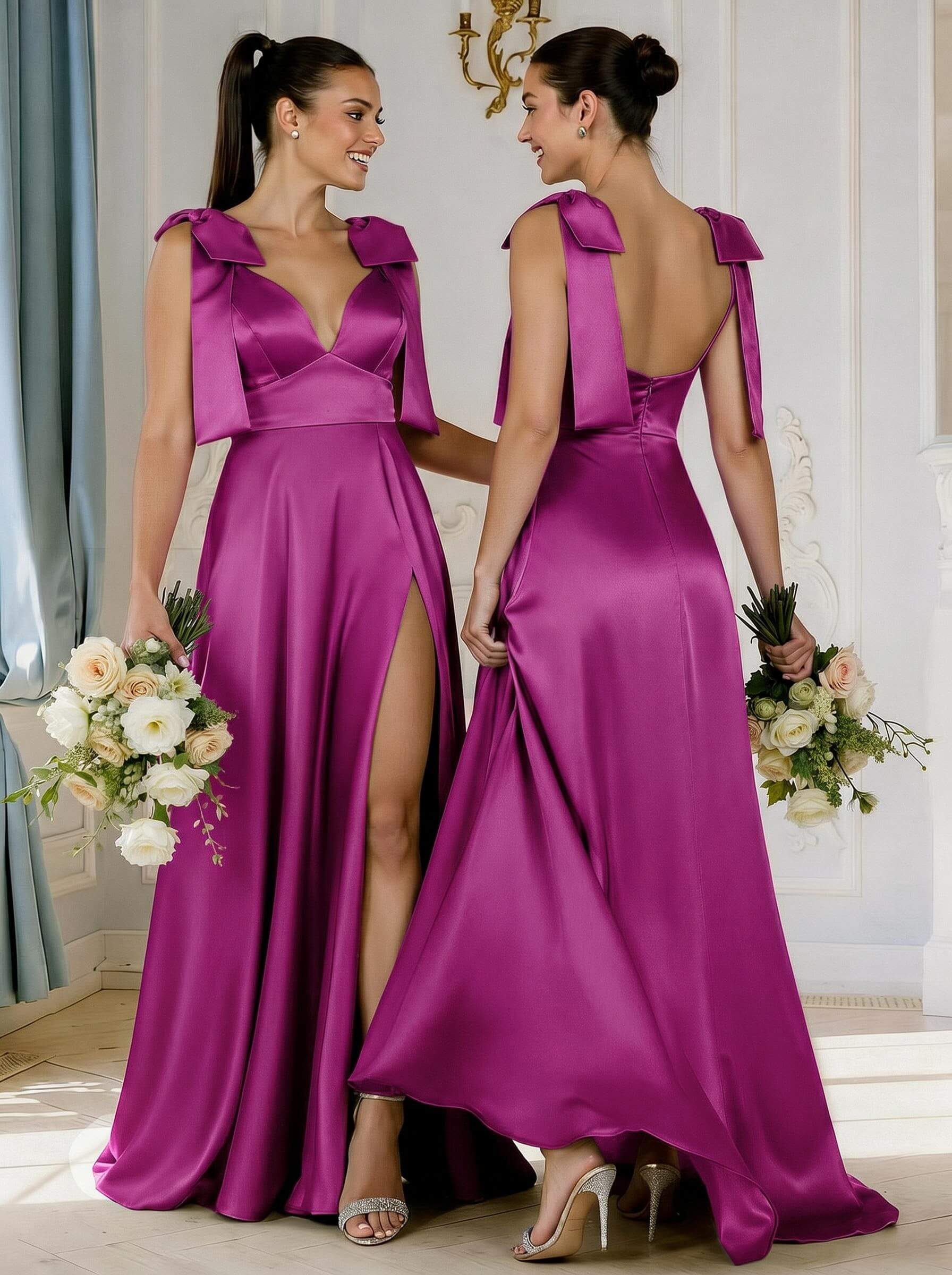 A-Line Plunge Neck Sleeveless Floor-Length Satin Bridesmaid Dresses With Bow(s)/High Split, product image 36