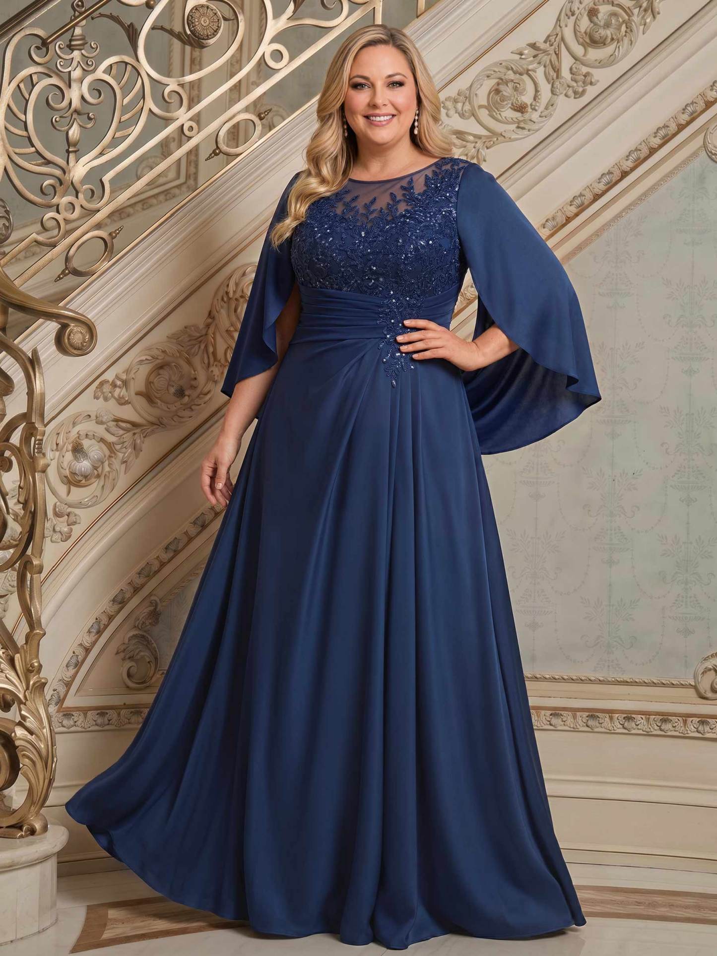 A-Line Scoop Neck Cape Sleeves Floor-Length Stretch Satin Mother Of The Bride Dresses