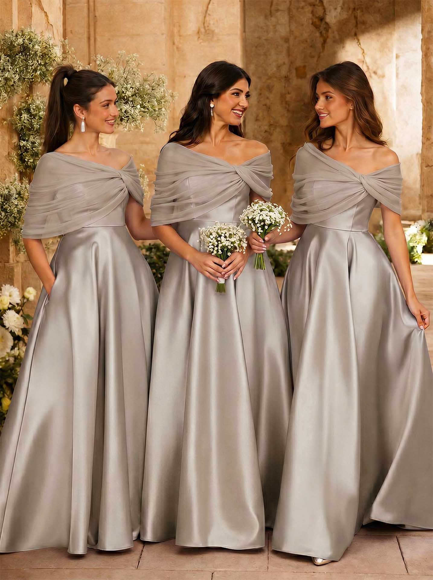 A-Line Asymmetrical Short Sleeves Sweep Train Satin Tulle Bridesmaid Dresses With Sweeping Side Drape, product image 122