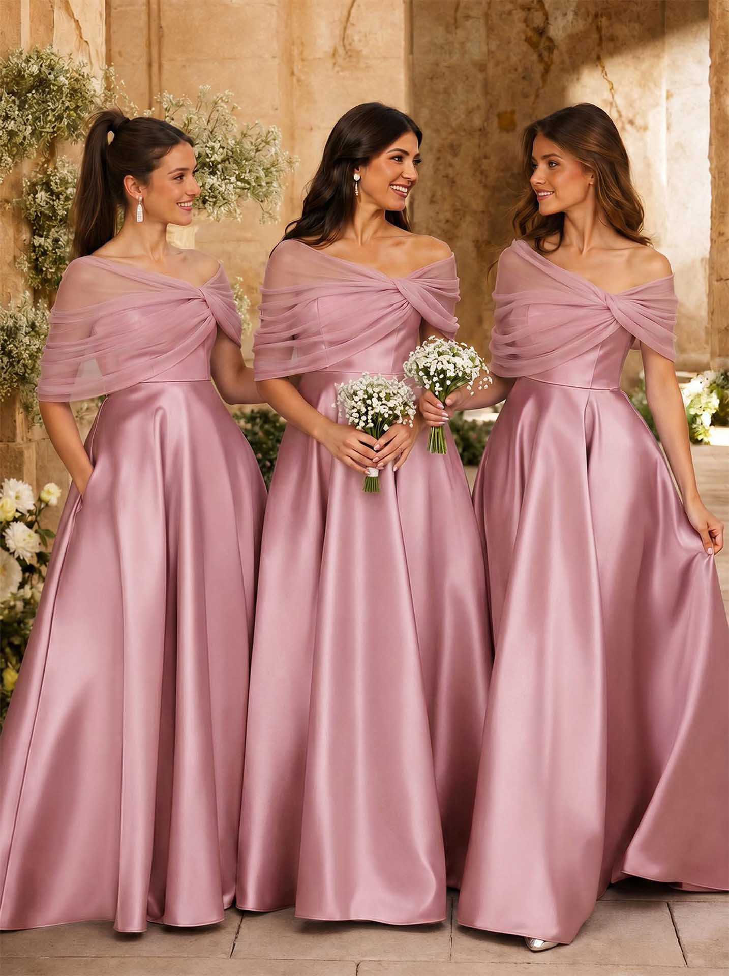 A-Line Asymmetrical Short Sleeves Sweep Train Satin Tulle Bridesmaid Dresses With Sweeping Side Drape, product image 46