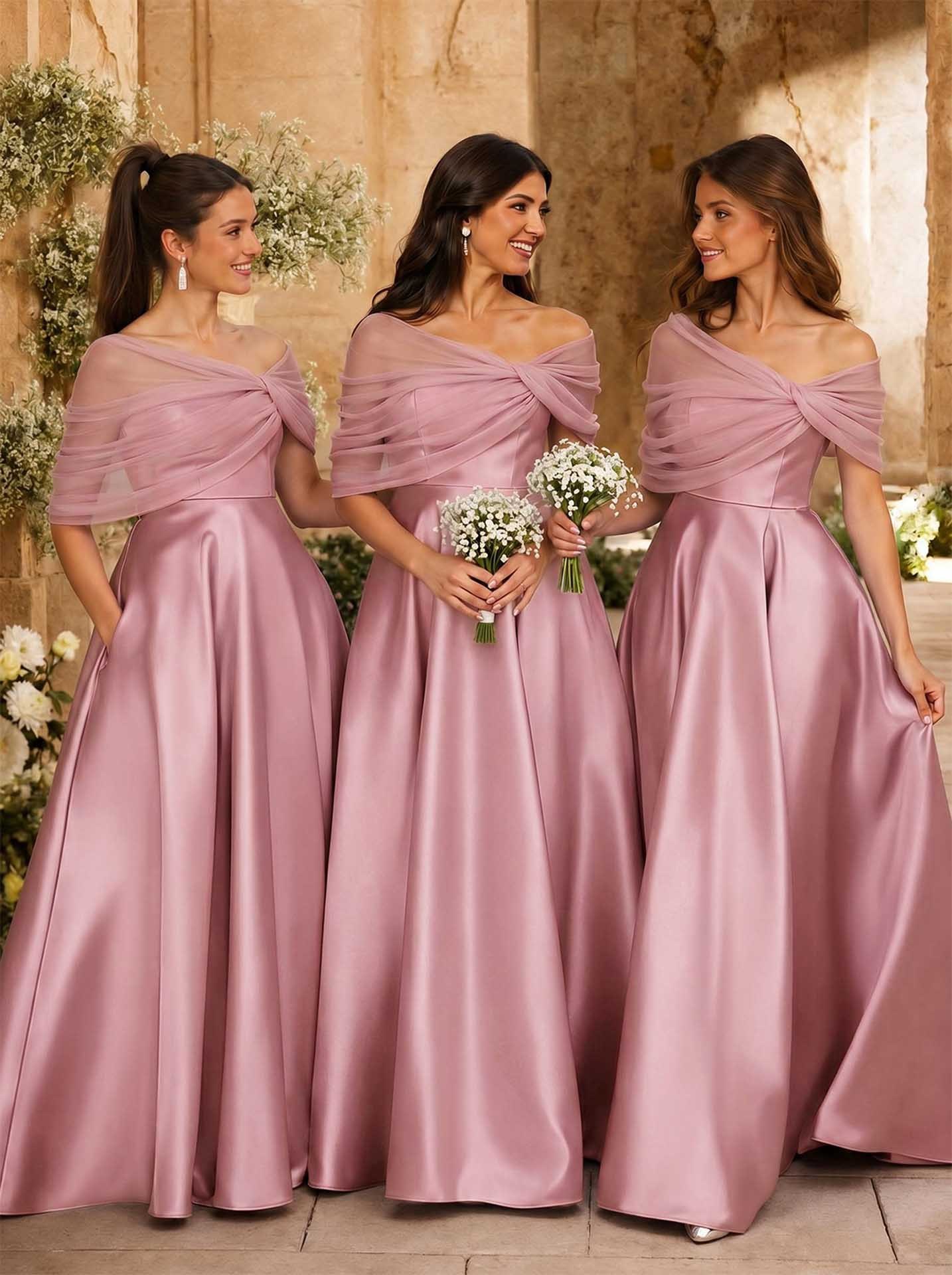 A-Line Asymmetrical Short Sleeves Sweep Train Satin Tulle Bridesmaid Dresses With Sweeping Side Drape, product image 46