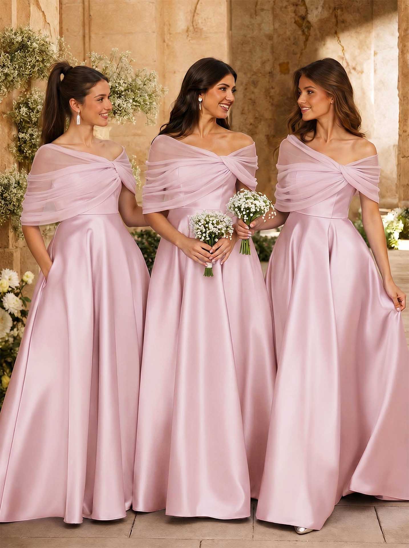 A-Line Asymmetrical Short Sleeves Sweep Train Satin Tulle Bridesmaid Dresses With Sweeping Side Drape, product image 52